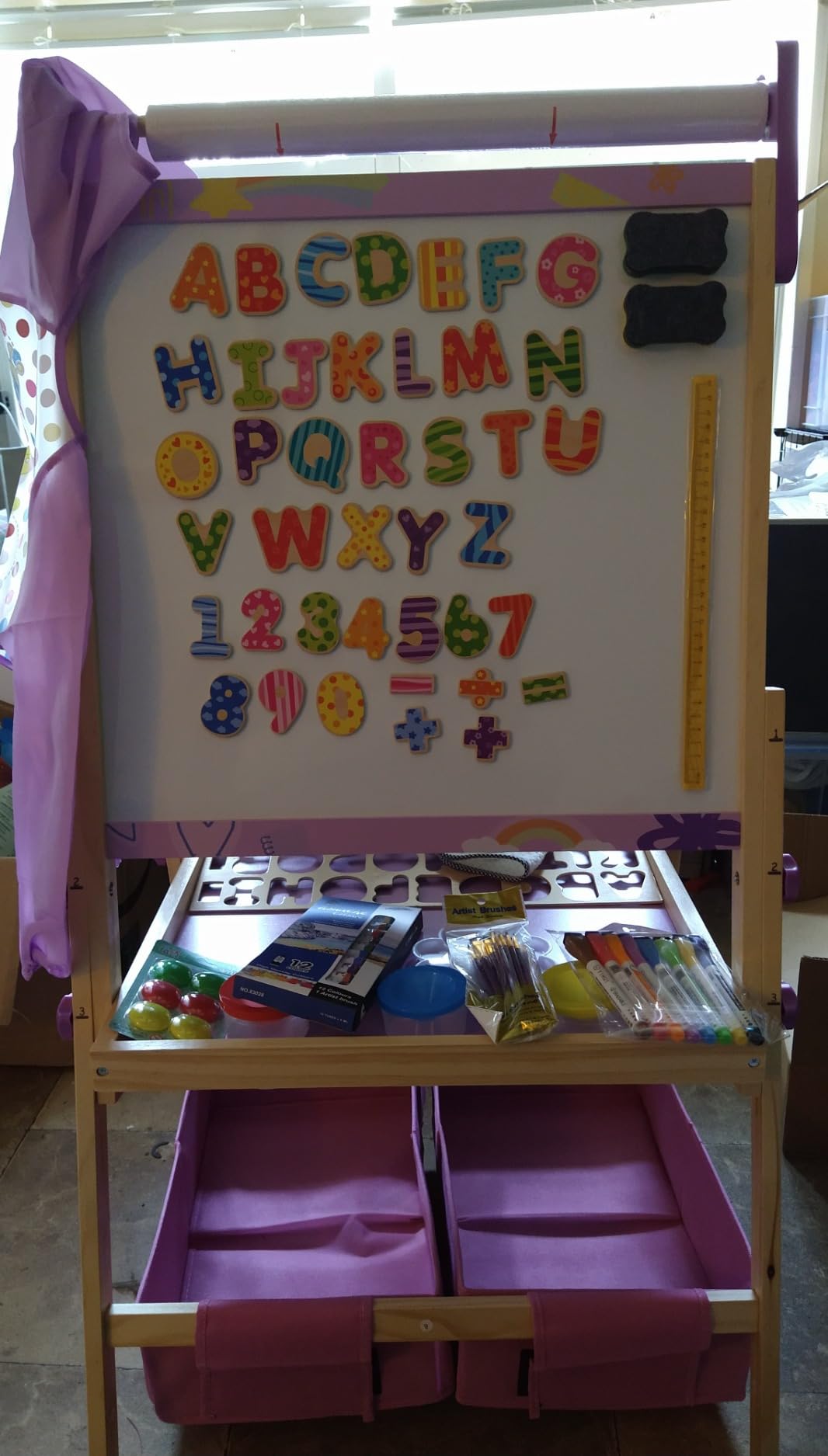 Pink 3-in-1 Wooden Kids Art Easel, Magnetic Whiteboard & Chalkboard | Height-Adjustable Double-Sided Easel with 3 Paper Rolls and Accessories Included, for Kids Ages 3+ customer photo 2