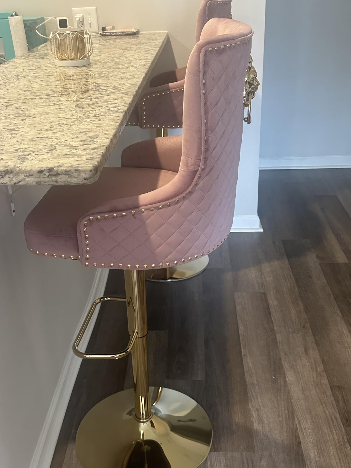 Gold Barstools Set of 4, Velvet Swivel Bar Height Stools with Lion Pull Ring, Upholstered Counter Height Stools with High Tufted Back, Modern Adjustable Bar Chairs for Kitchen Island/Cafe, Grey customer photo 2
