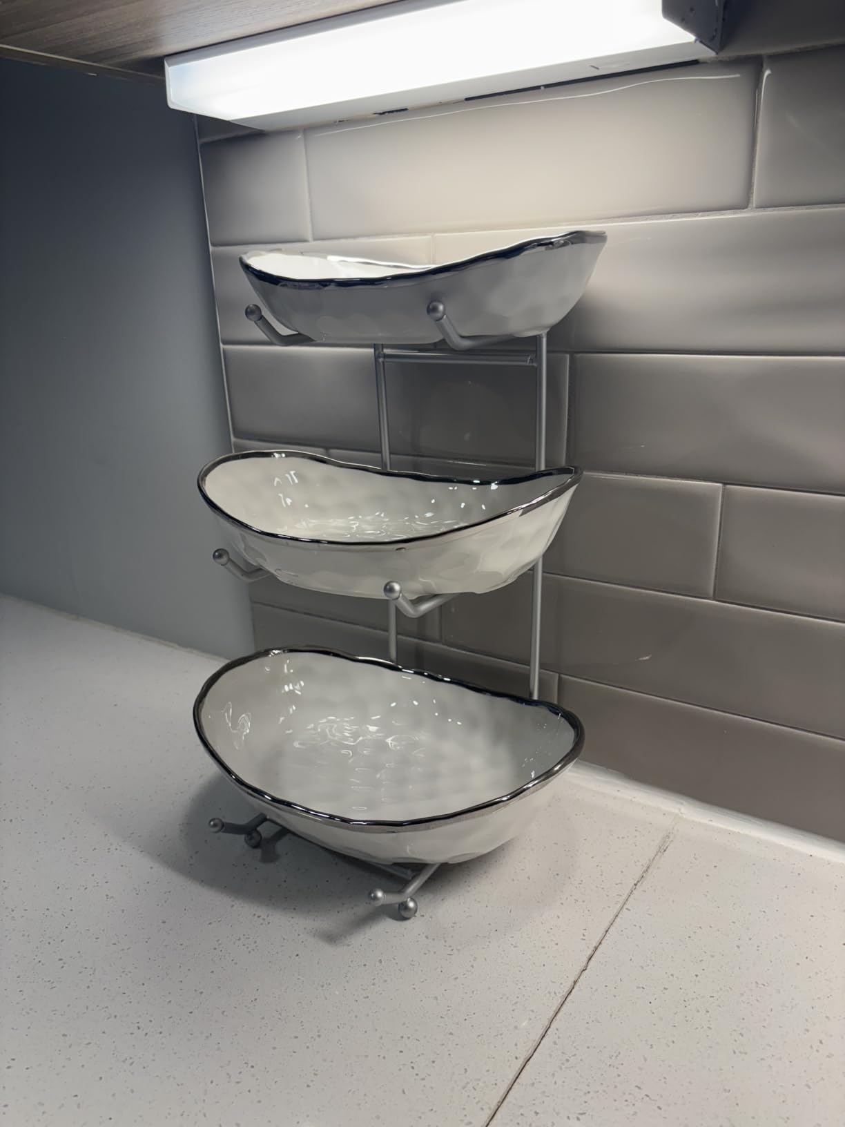 White Fruit Bowl with Gold Metal Stand, 3 Tier Modern Ceramic Fruit Bowl Fruit Rack for Kitchen Counter, Tiered Fruit Basket for Snacks Bread Candy Storage customer photo 1