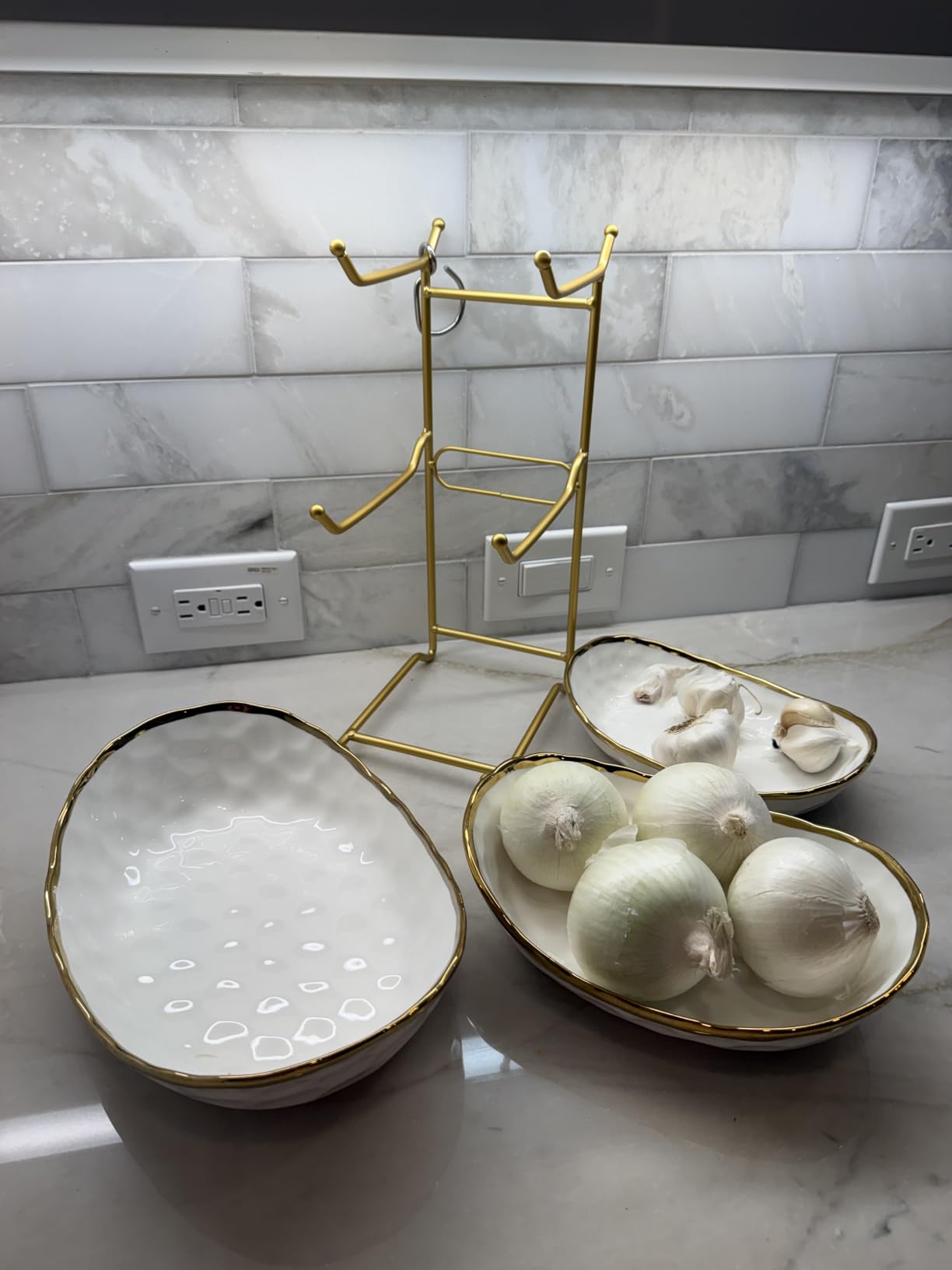 White Fruit Bowl with Gold Metal Stand, 3 Tier Modern Ceramic Fruit Bowl Fruit Rack for Kitchen Counter, Tiered Fruit Basket for Snacks Bread Candy Storage customer photo 2