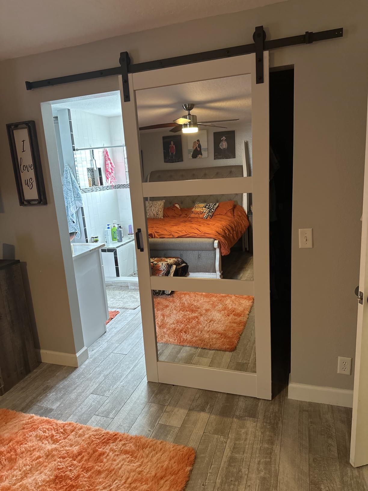 Mirrored Barn Door 36in x 84in, 3 Lites Mirror Panel with 6.6FT Sliding Hardware Kit Set, Pre-Drilled Door Panel Need to Assemble, MDF, White customer photo 1