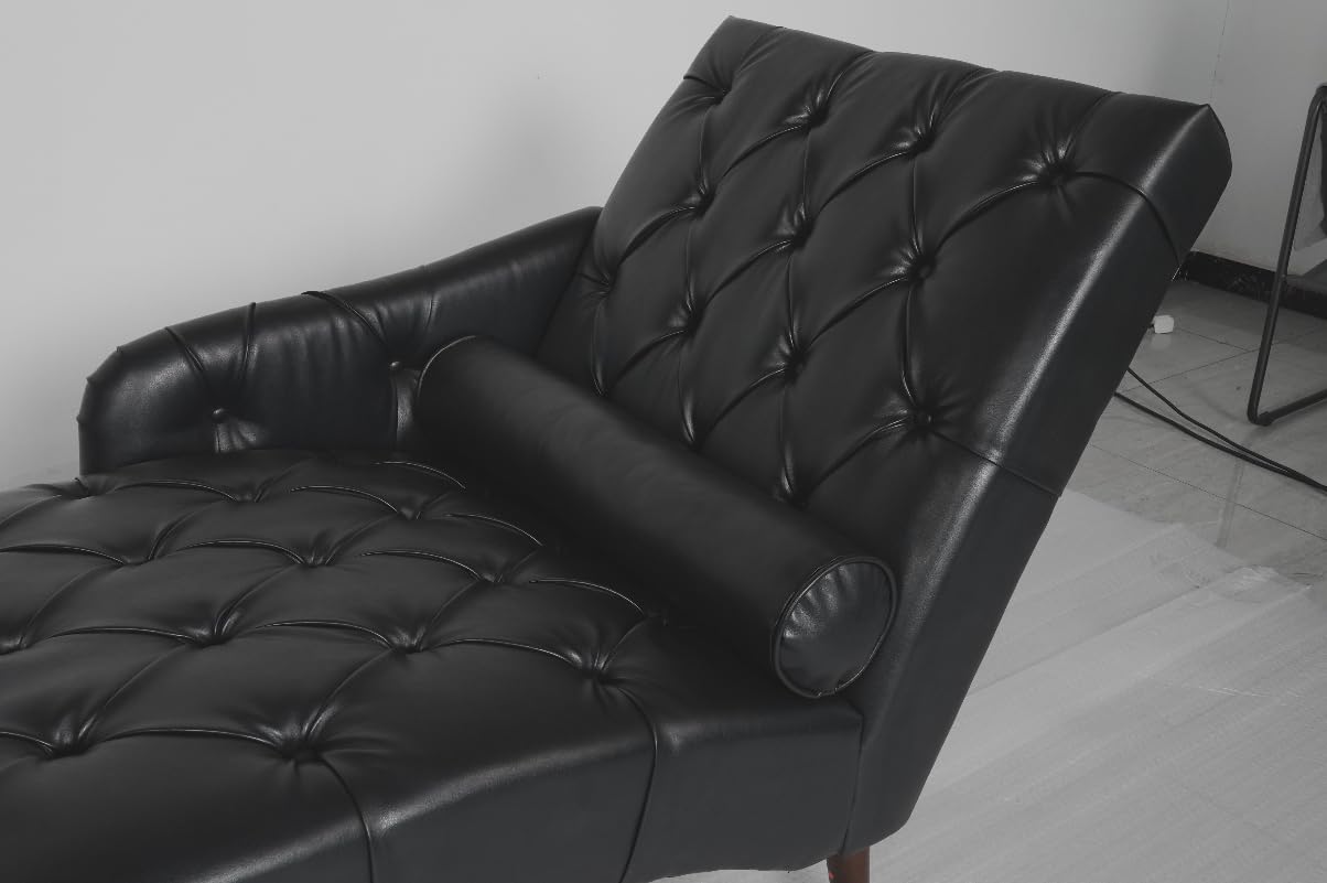 PU Leather Chaise Lounge Chair Indoor, Side Armrest, Dark Brown | Upholstered Tufted Chaise Lounge, Lumbar Pillow & Wood Legs, Mid Century Luxury Fainting Couch for Living Room, Bedroom customer photo 1