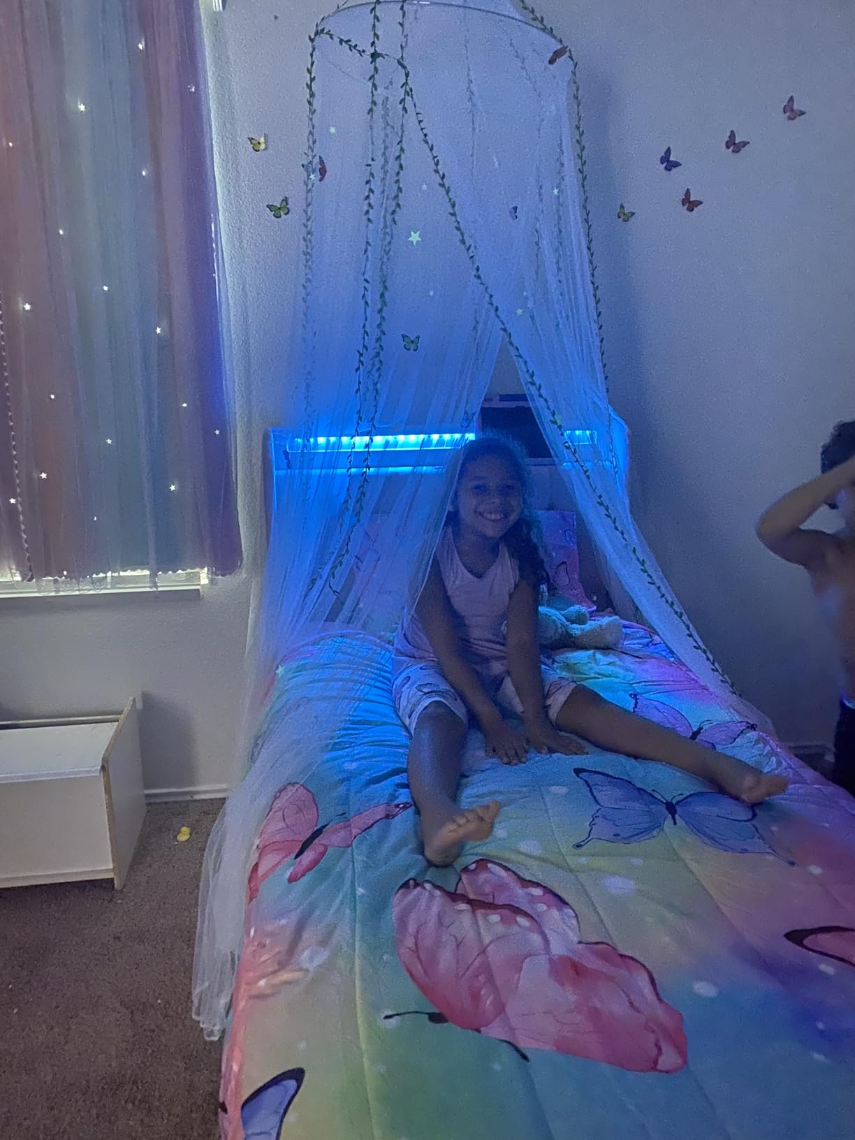 FIOBEE Bed Canopy for Girls Room with LED Light Kids Toddler Bedroom Decor | Princess Bed Canopy, Dreamy Tent With Stars Butterflies, Ceiling Hanging Mosquito Net, Reading Corner For Baby Nursery Room customer photo 2