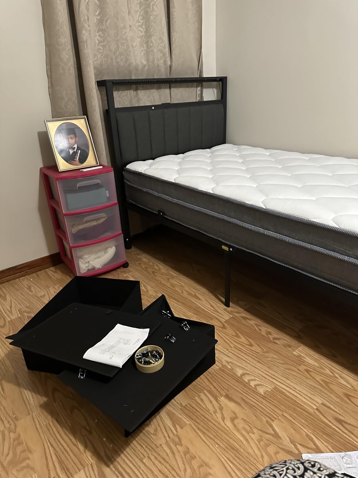 Furnulem Twin Bed Frames with Storage Drawers and Upholstered Headboard | Metal Platform Bed with Charging Station, LED Lights, 2 Tier Shelves, Fabric Drawers. No Box Spring Needed, Noise Free, Grey customer photo 1