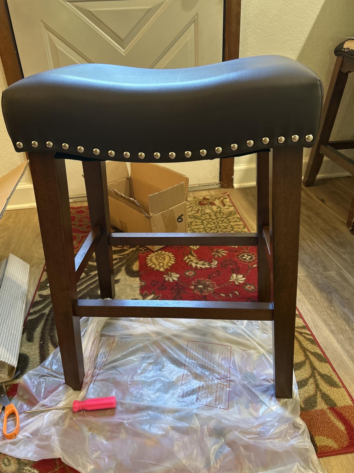 PrimeZone 26 Inch Solid Wood Saddle Backless Bar Stools Set of 2, Brown | Counter Height Barstools with Footrest & Nailhead Trim, Modern Farmhouse Upholstered Faux Leather Stools for Kitchen Island customer photo 1