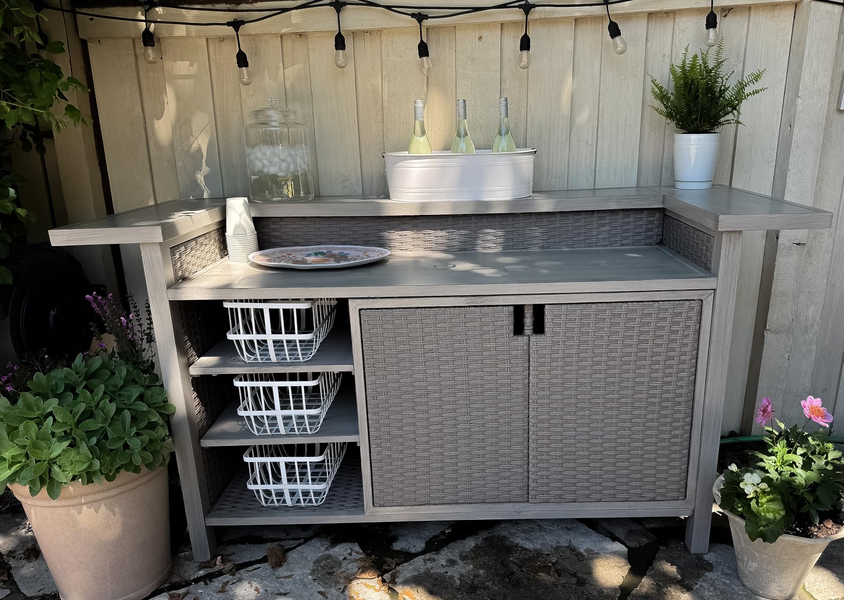 Domi Patio Bar Table, Outdoor Aluminum PE Wicker Bar Cart with Cabinet, All Weather Use Storage Patio Cabinet, Wood Grain customer photo 1