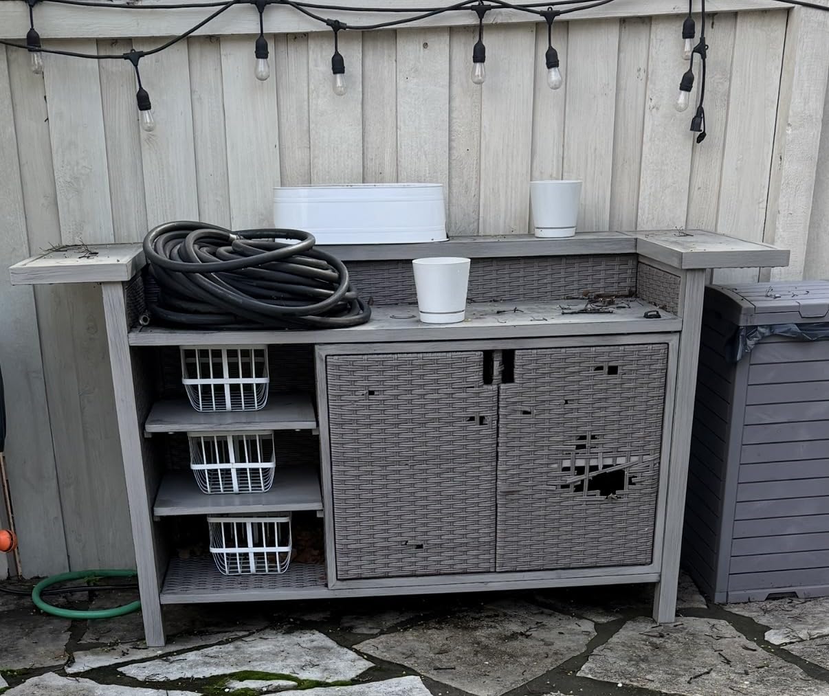 Domi Patio Bar Table, Outdoor Aluminum PE Wicker Bar Cart with Cabinet, All Weather Use Storage Patio Cabinet, Wood Grain customer photo 2