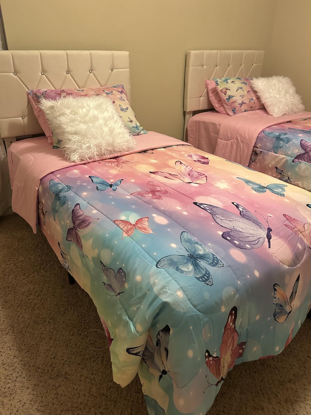 Pamnest Twin Comforter Set for Girls, 5 Pieces Butterfly Bedding Set | Pink Colorful Rainbow Soft Bed in a Bag for Kids with Fitted Sheet Pillowcase & Sham customer photo 2