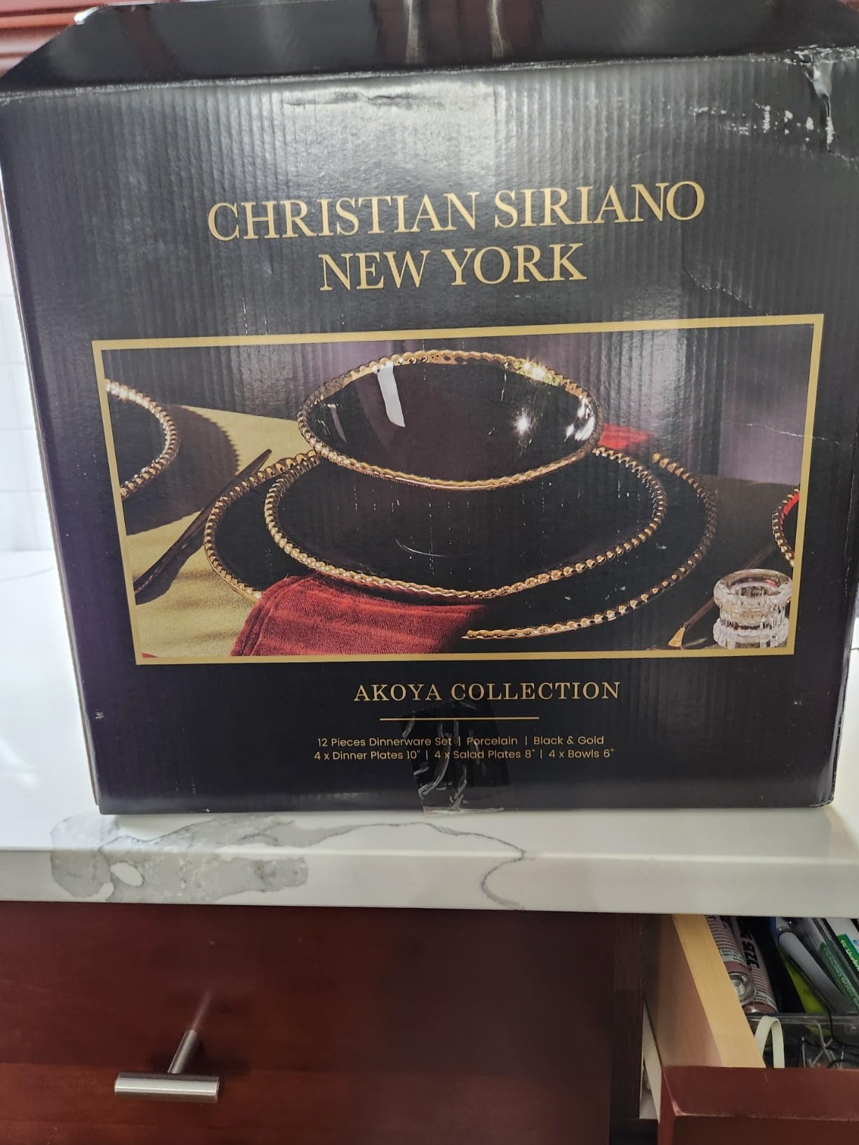 Christian Siriano Akoya Porcelain Dinnerware Set, 12-Piece - Dish Set for 4, Plates and Bowls Set, White and Gold customer photo 1