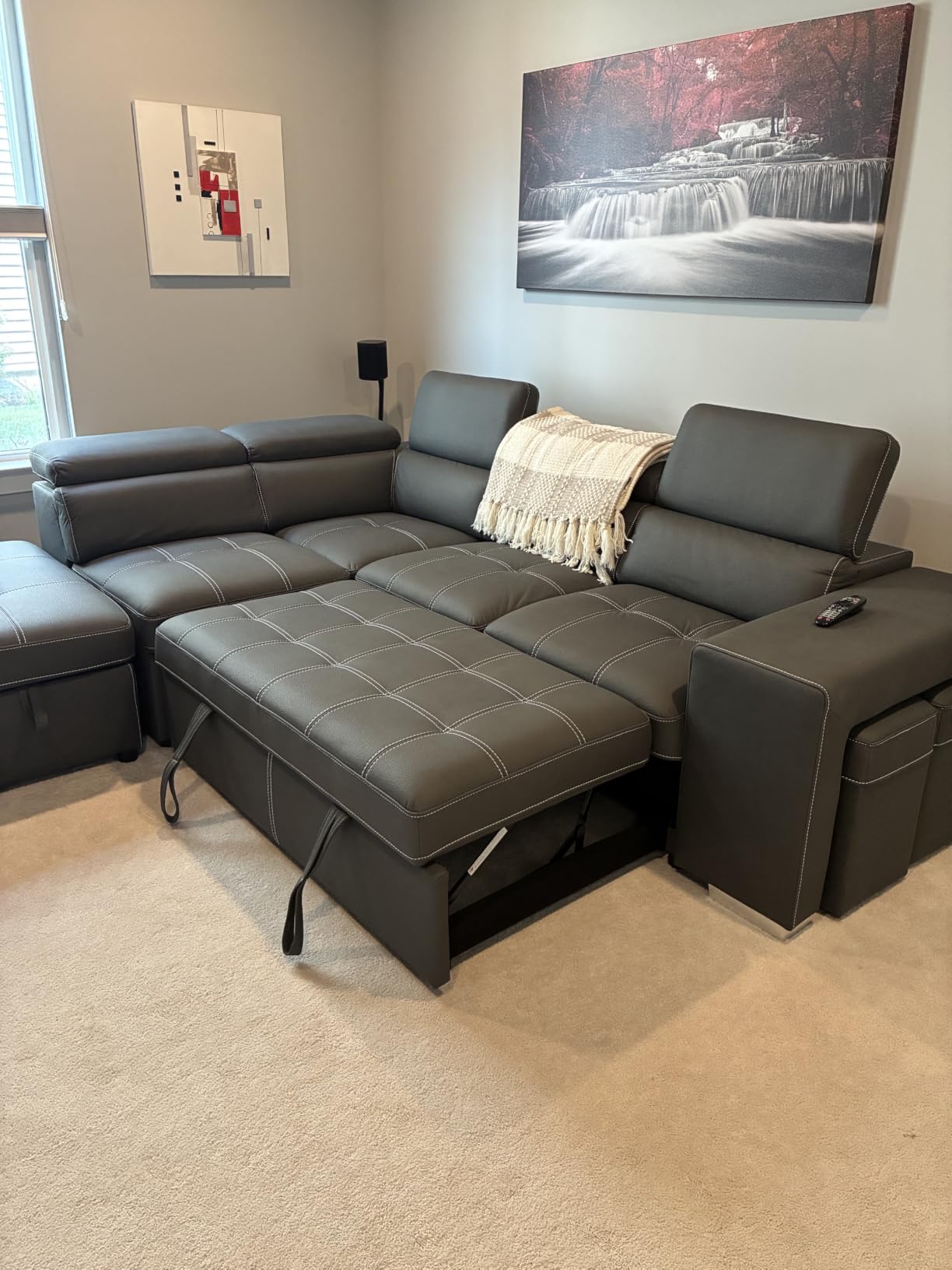 THSUPER 104'' Microfiber L Shaped Sectional Sleeper Sofa Couch with Pull Out Bed and Storage Ottoman, Convertible Couches with Adjustable Headrest for Living Room, Left Facing Chaise. Charcoal Grey customer photo 1