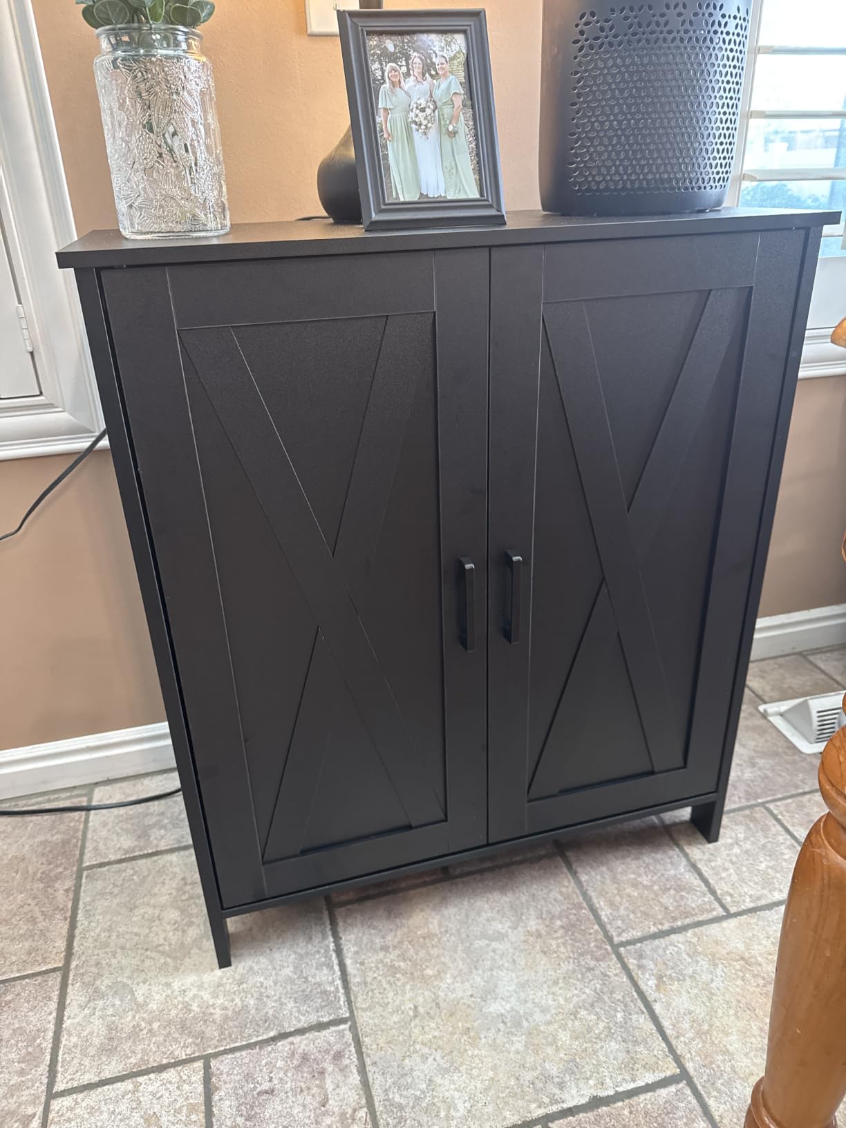 Homleke Farmhouse Shoe Cabinet with 2 Barn Doors & Wood Legs | Tall 4-Tier Shoe Storage Cabinet, 3 Adjustable Shelves, Shoe Rack Organizer, for Entryway, Hallway, Closet, White customer photo 2