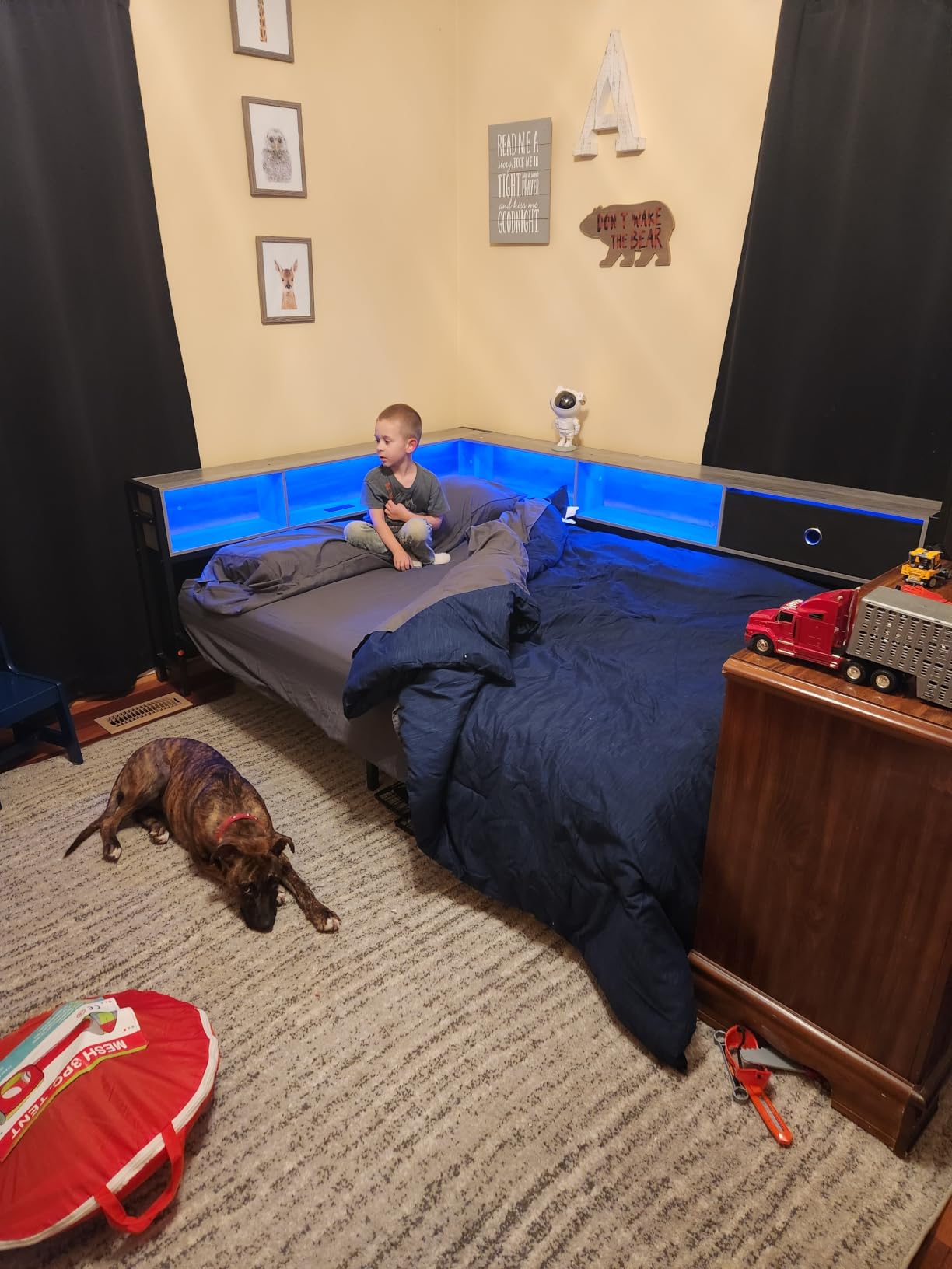 Hasuit Full Corner Bed Frame with Storage Drawers and Bookcase Headboard, Full Size Metal Platform Corner Bed Frame with Charging Station and LED Lights, Full Daybed for Kids Teens Guests, Oak Gray customer photo 1