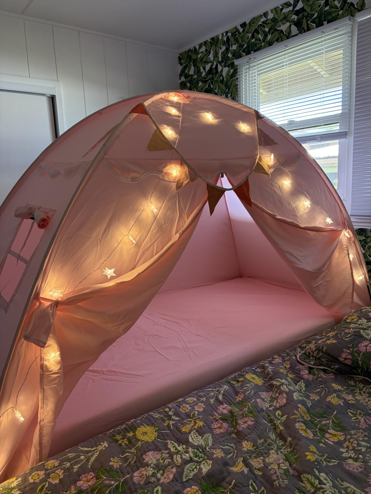 Sumbababy Twin Bed Tent for Kids, Toddler Bed Canopy Indoor Tent for Boys Girls with Star Lights & Flags, Queen Size Kids Tents for Inside Bedroom (Golden Beige) customer photo 2