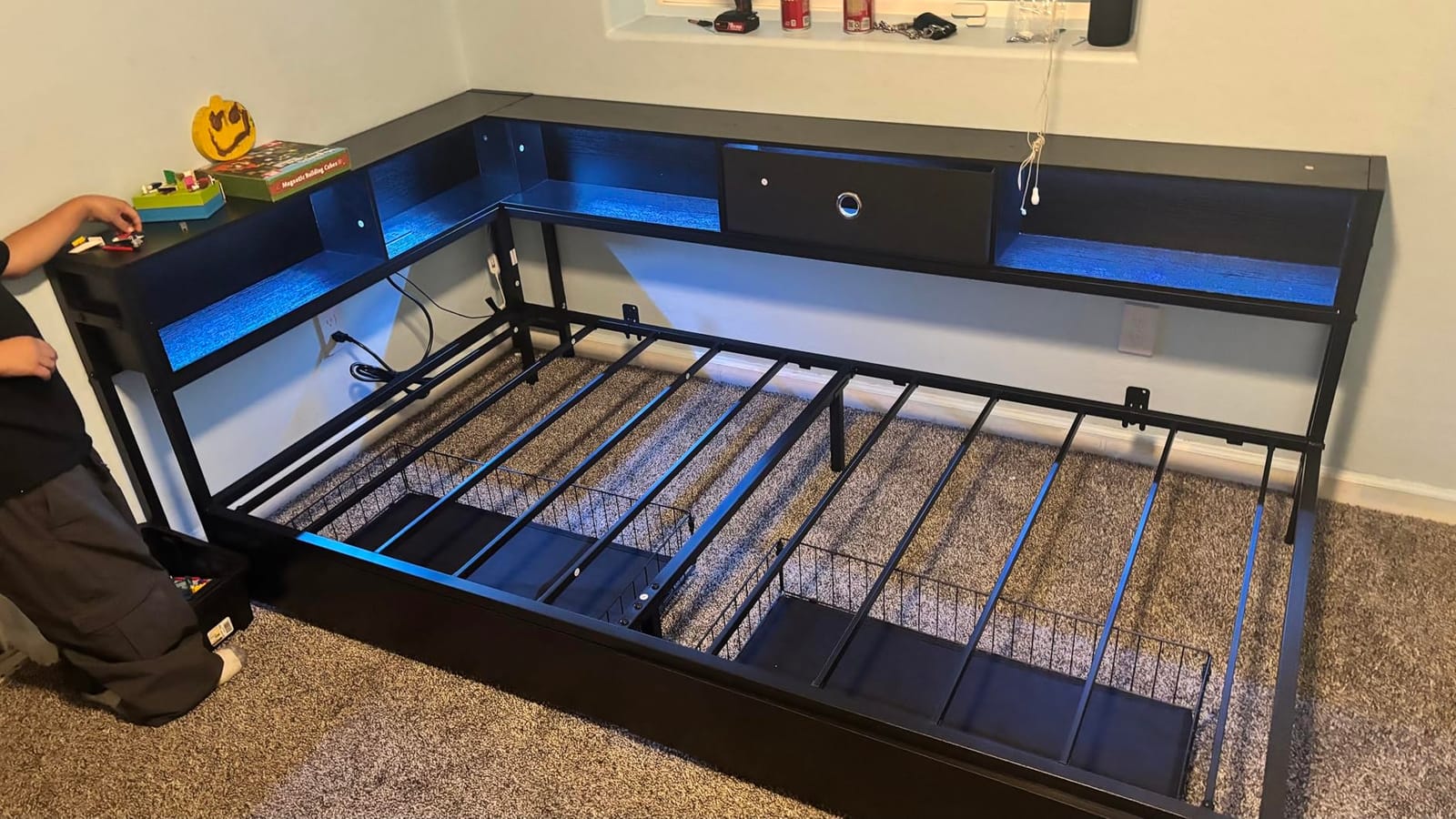 DICTAC Twin Corner Bed Frame with Bookcase Storage and Led Lights Twin Size Metal Platform Bed Frames with Storage Drawers and Charging Station Twin Size Daybed for Kids and Teen,Kids Bed Frame,Black customer photo 1