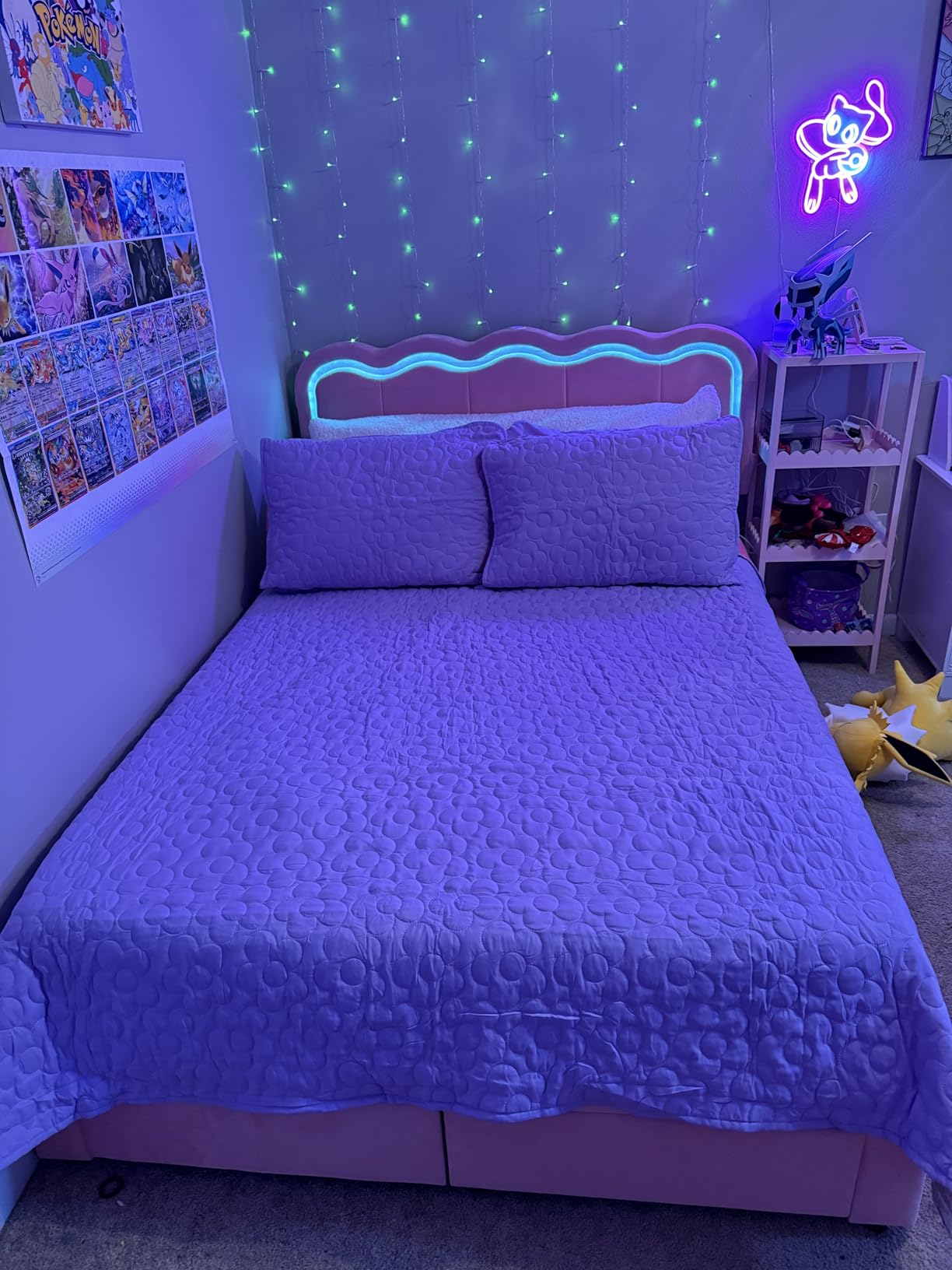 Twin Upholstered LED Bed Frame with Storage Drawer and Adjustable Chic Double Wavy Headboard, Velvet Princess Platform Bed for Girls/Kids, Solid Wood Slats Support, No Box Spring Needed, Pink customer photo 2