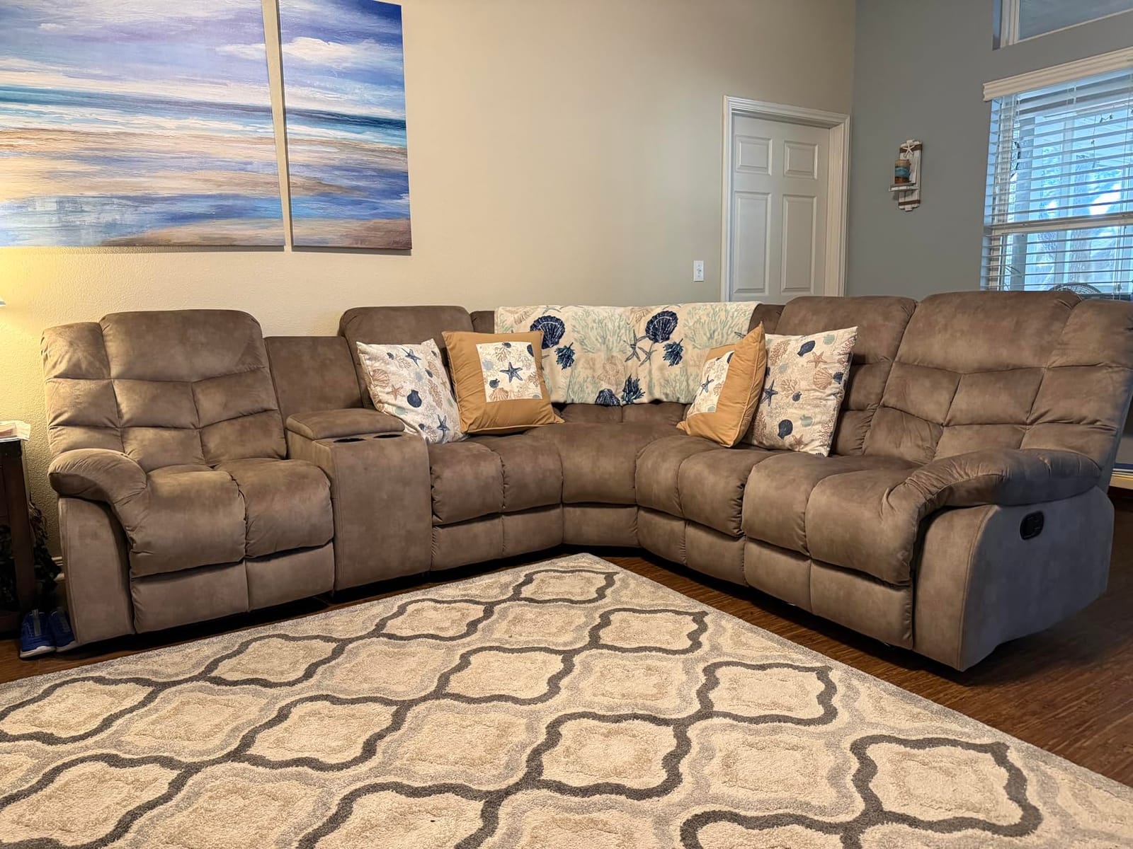 EBELLO Manual Reclining Sectional Sofa Set for Living Room, Soft Fabric Recliner Corner Sectional Couch with Center Console, Cup Holder and Storage, Grey customer photo 1