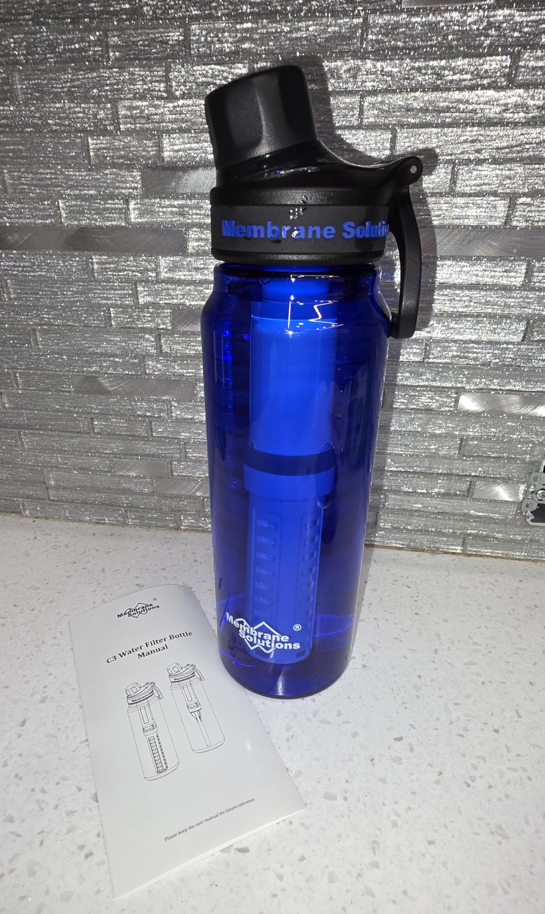 Membrane Solutions C3 Filtered Water Bottle, 36oz BPA-Free Bottle with Replaceable ACF+UF Filter Cartridge, Portable Water Filter, Travel, Hiking & Camping for Drinking Water Anywhere(Blue) customer photo 2
