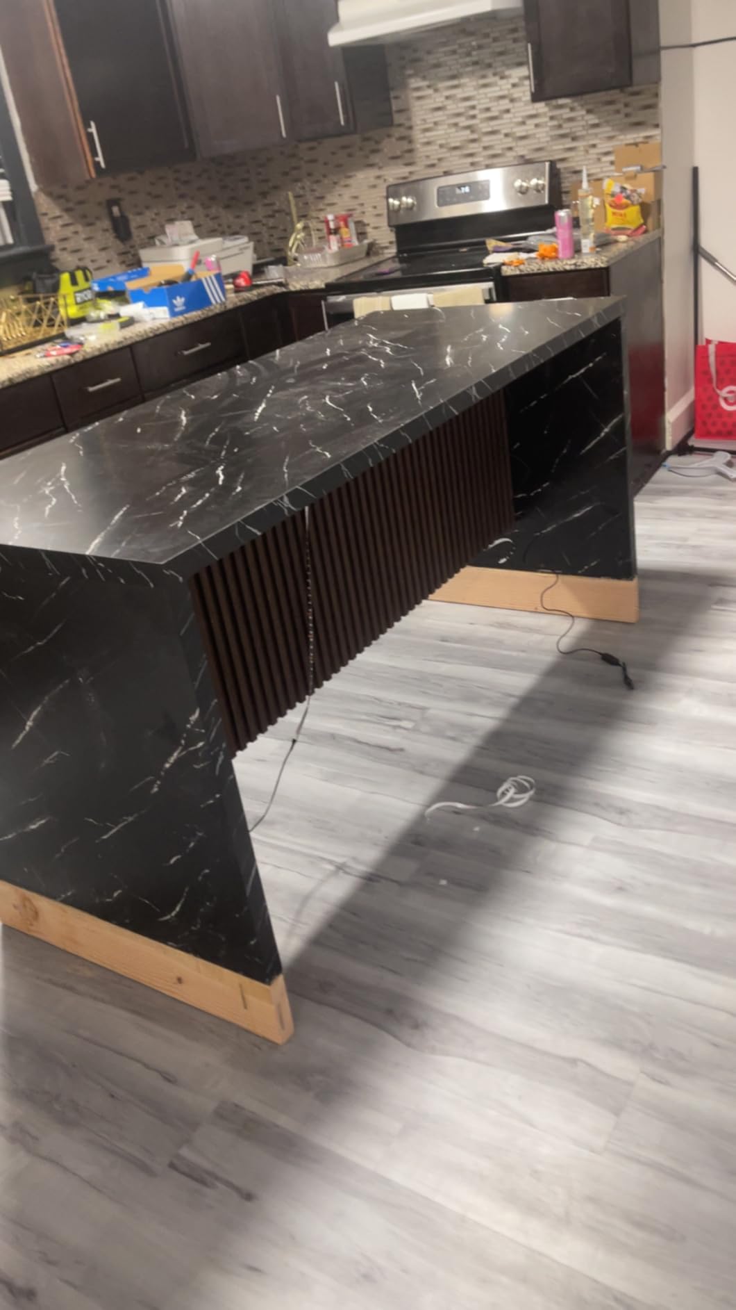 63 Large Imitation Marble Dining Table for 4-6 People with LED Light, Modern Marble Stripes (Black) customer photo 1