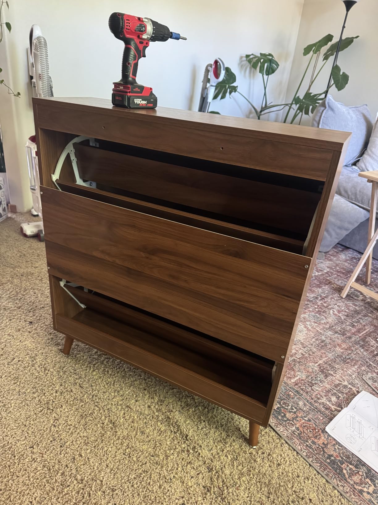 Fsbecl Shoe Storage Cabinet for Entryway with 2 Fluted Flip Drawers, Walnut | Narrow Design, Freestanding Shoe Rack with Adjustment Shelves, Wooden Hidden Organizer for Hallway Foyer, 12-16 Pairs customer photo 1