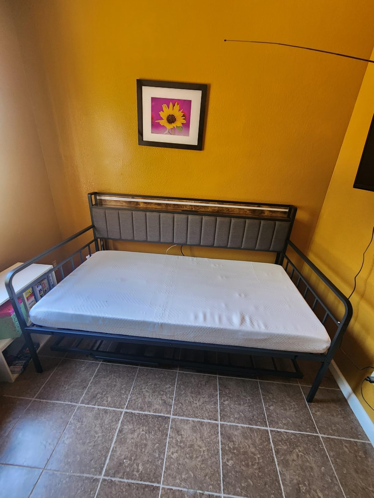 Daybed with Trundle and LED Light, Heavy Duty Metal Twin Bed Frame with Upholstered Storage Headboard & Charging Station, Black customer photo 2