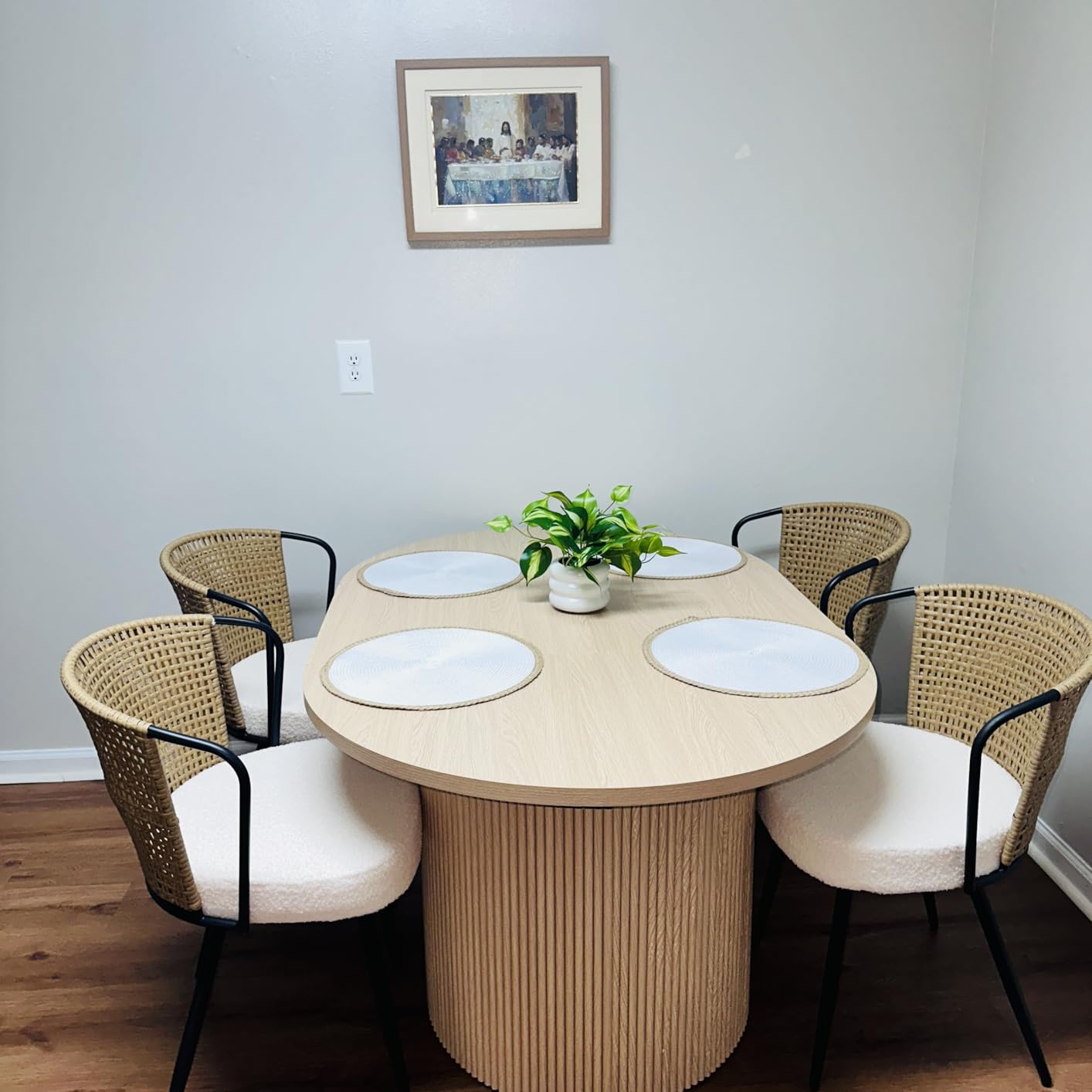 BedsPick Rattan Dining Chairs Set of 2 - Farmhouse Upholstered PE Rattan Kitchen Chair with Boucle Cushion, Wingback Dining Room Seat with Cane Back and Metal Legs for Home, Kitchen (Brown) customer photo 2