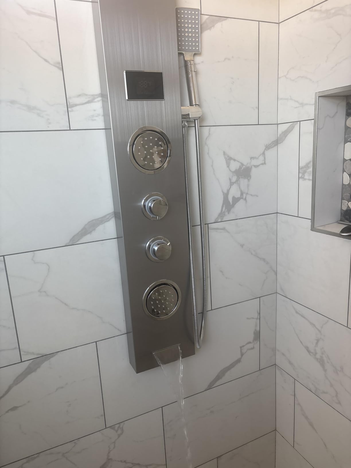 ROVATE 5-in-1 LED Rainfall Waterfall Shower Panel Tower System Black | No Battery Needed Digital Temperature Display, Powerful Body Massage Jets, Flexible Handheld and Tub Spout, Blue LED Knob customer photo 2