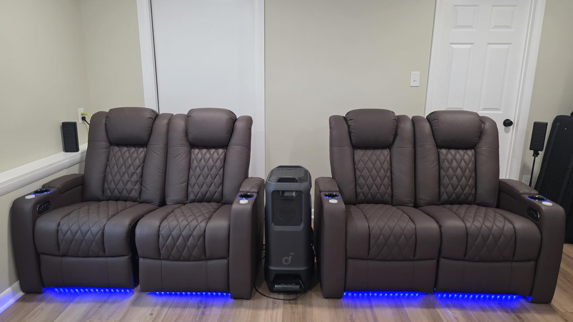 comfiroom Home Theater Seating Seats Classic Series Top Grain Nappa Leather Loveseat Recliner Chair Dual Power Electric Headrest Movie Gaming Sofa with Tray Table (Brown, Row of 2 Loveseat) customer photo 1