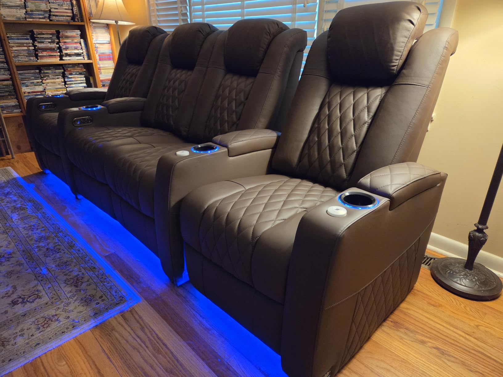 comfiroom Home Theater Seating Seats Classic Series Top Grain Nappa Leather Loveseat Recliner Chair Dual Power Electric Headrest Movie Gaming Sofa with Tray Table (Brown, Row of 2 Loveseat) customer photo 2