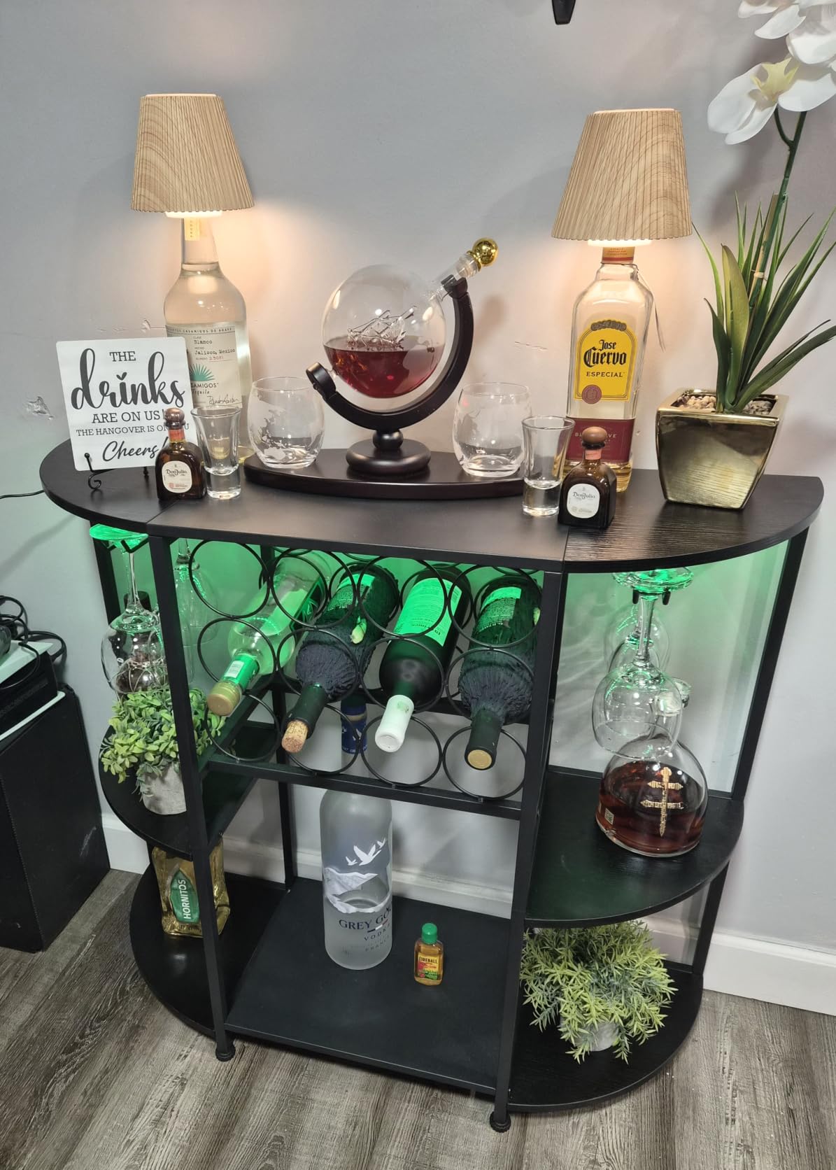 JKsmart Wine Bar Cabinet with LED Lights, Mini Wine Bar Cart with Storage and Glass Holder, Home Bar Coffee Bar for Liquor, 3-Tier Bar Table for Kitchen, Dining Room, Living Room, Black customer photo 1