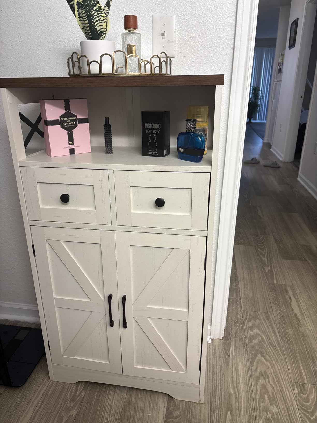 Farmhouse Storage Cabinet Set of 2, Small Kitchen Pantry Coffee Bar Cabinet | Accent Buffet Cabinet Cupboard, 2 Drawers, Barn Doors & Adjustable Shelves, for Kitchen/Entryway/Bathroom, Antique White customer photo 1