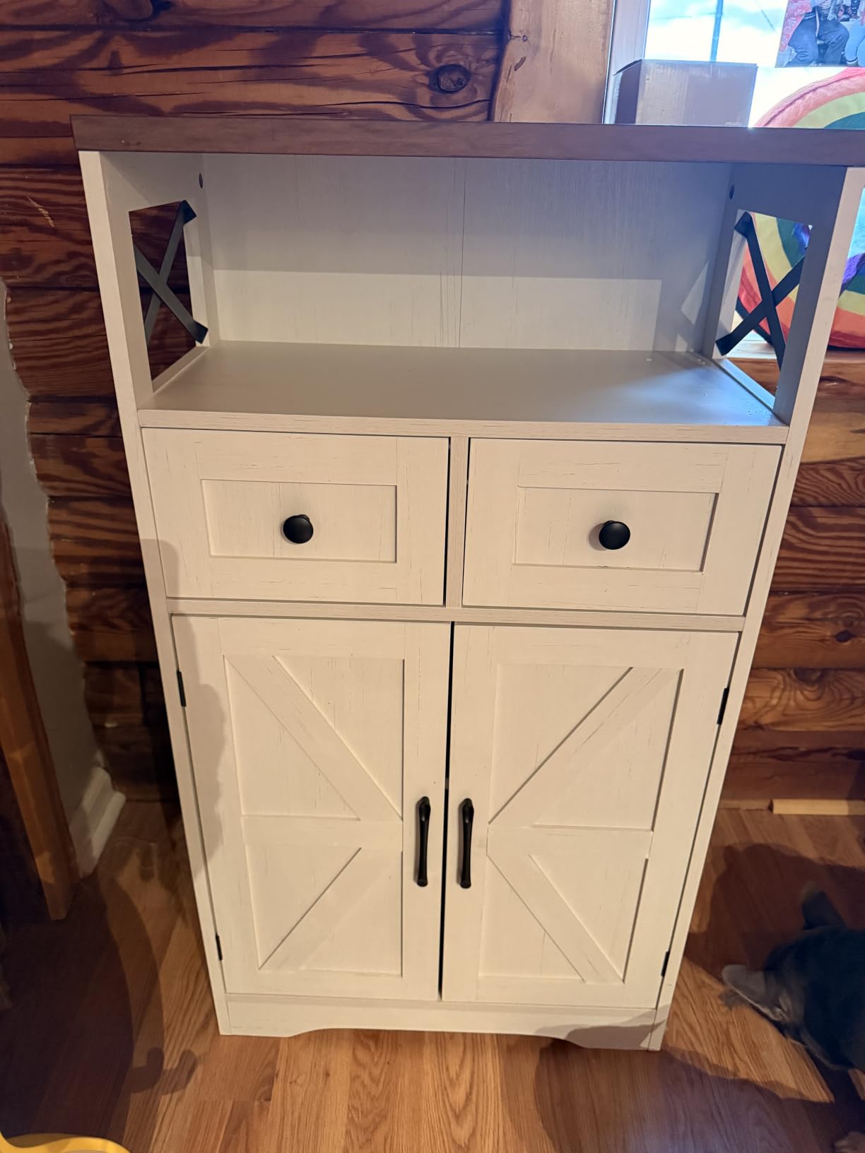 Farmhouse Storage Cabinet Set of 2, Small Kitchen Pantry Coffee Bar Cabinet | Accent Buffet Cabinet Cupboard, 2 Drawers, Barn Doors & Adjustable Shelves, for Kitchen/Entryway/Bathroom, Antique White customer photo 2