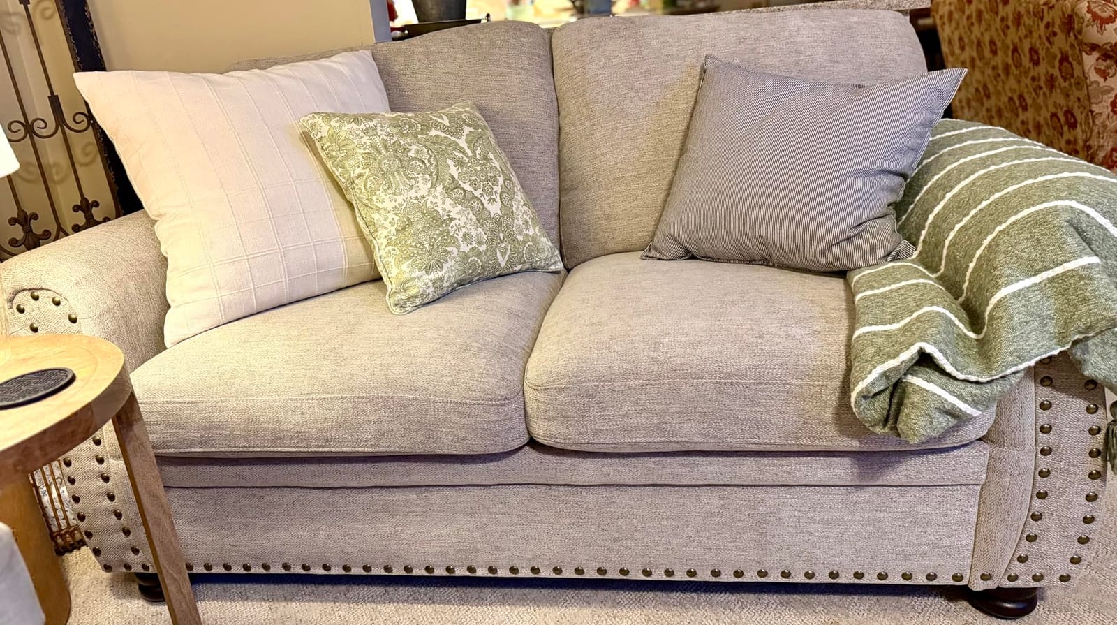 ONBRILL Nailhead Sofa, 66 Inch Small Chenille Couch with Rolled Arms, Brown customer photo 2