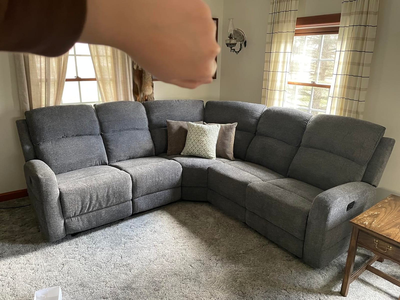 EBELLO Fabric L-Shaped Reclining Sectional Sofa Couch for Living Room, Manual Recliner Oversized Sofa, with Padded Headrest, 2 Cup Holders, Storage Space, 5-Seater Home Furniture Set, Grey customer photo 2
