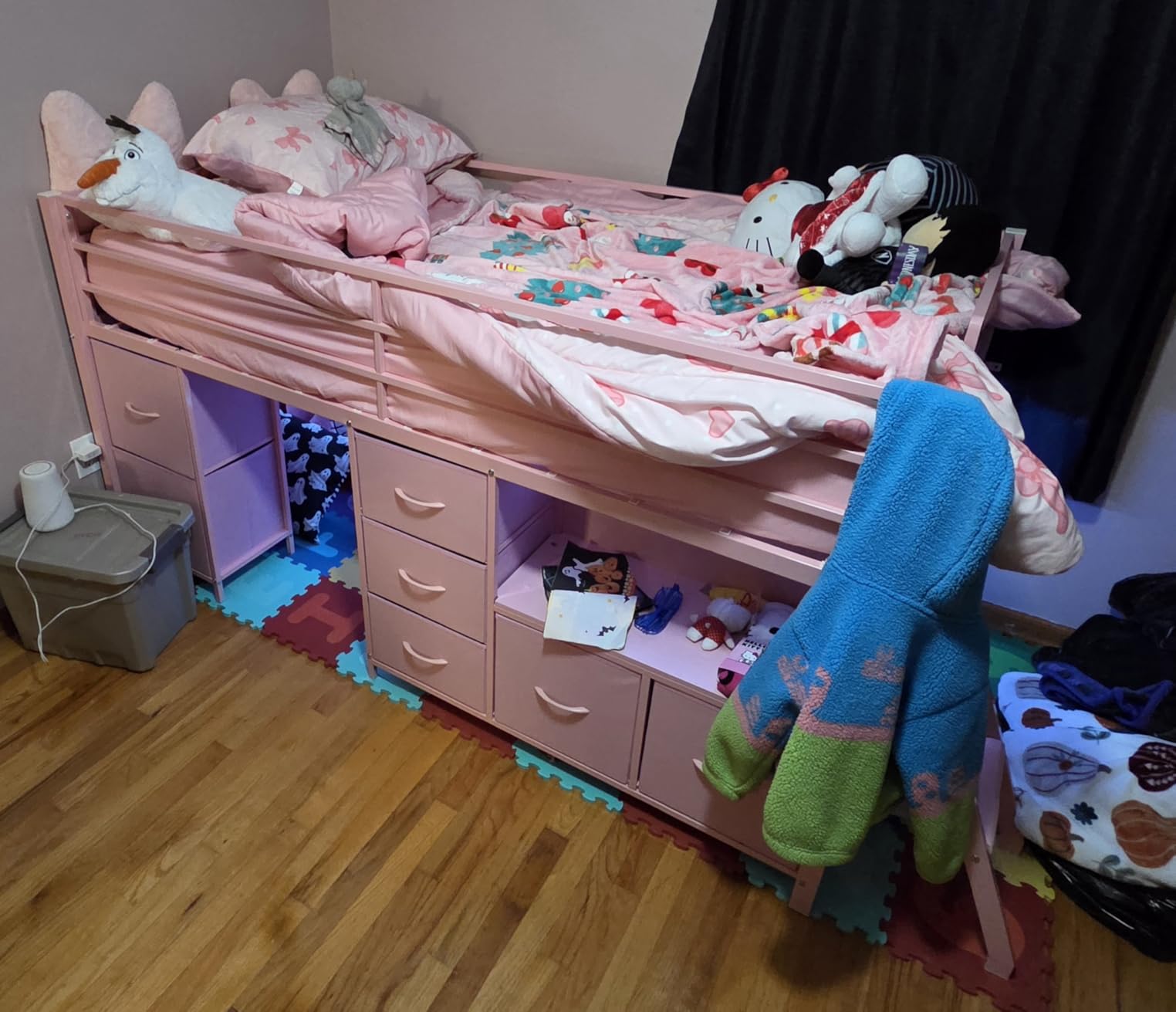 ADORNEVE Kids Low Loft Bed Twin Size with 7 Drawers, Bookcase, LED Lights | Pink Metal Loft Bed with 14
