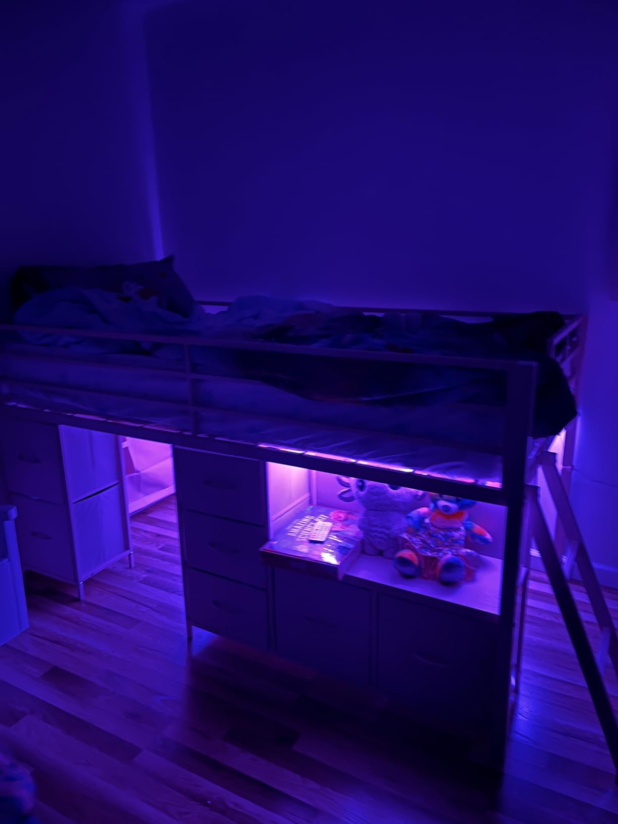 ADORNEVE Kids Low Loft Bed Twin Size with 7 Drawers, Bookcase, LED Lights | Pink Metal Loft Bed with 14