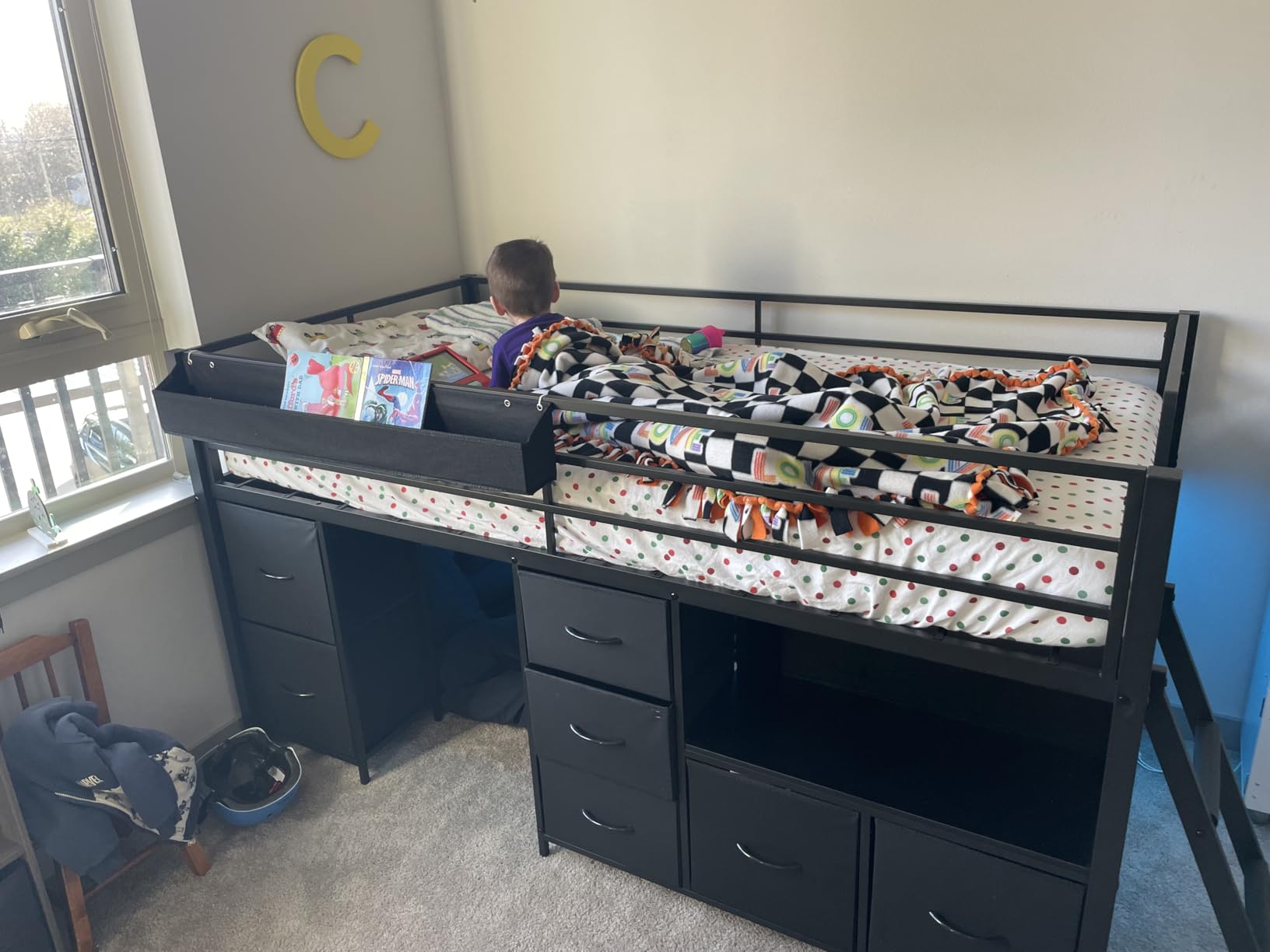 ADORNEVE Kids Low Loft Bed Twin Size with 7 Drawers, Bookcase, LED Lights | Black Metal Loft Bed with 14