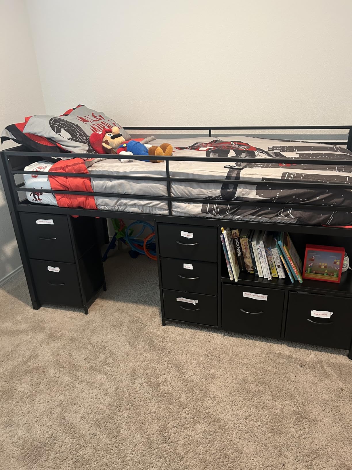 ADORNEVE Kids Low Loft Bed Twin Size with 7 Drawers, Bookcase, LED Lights | Black Metal Loft Bed with 14