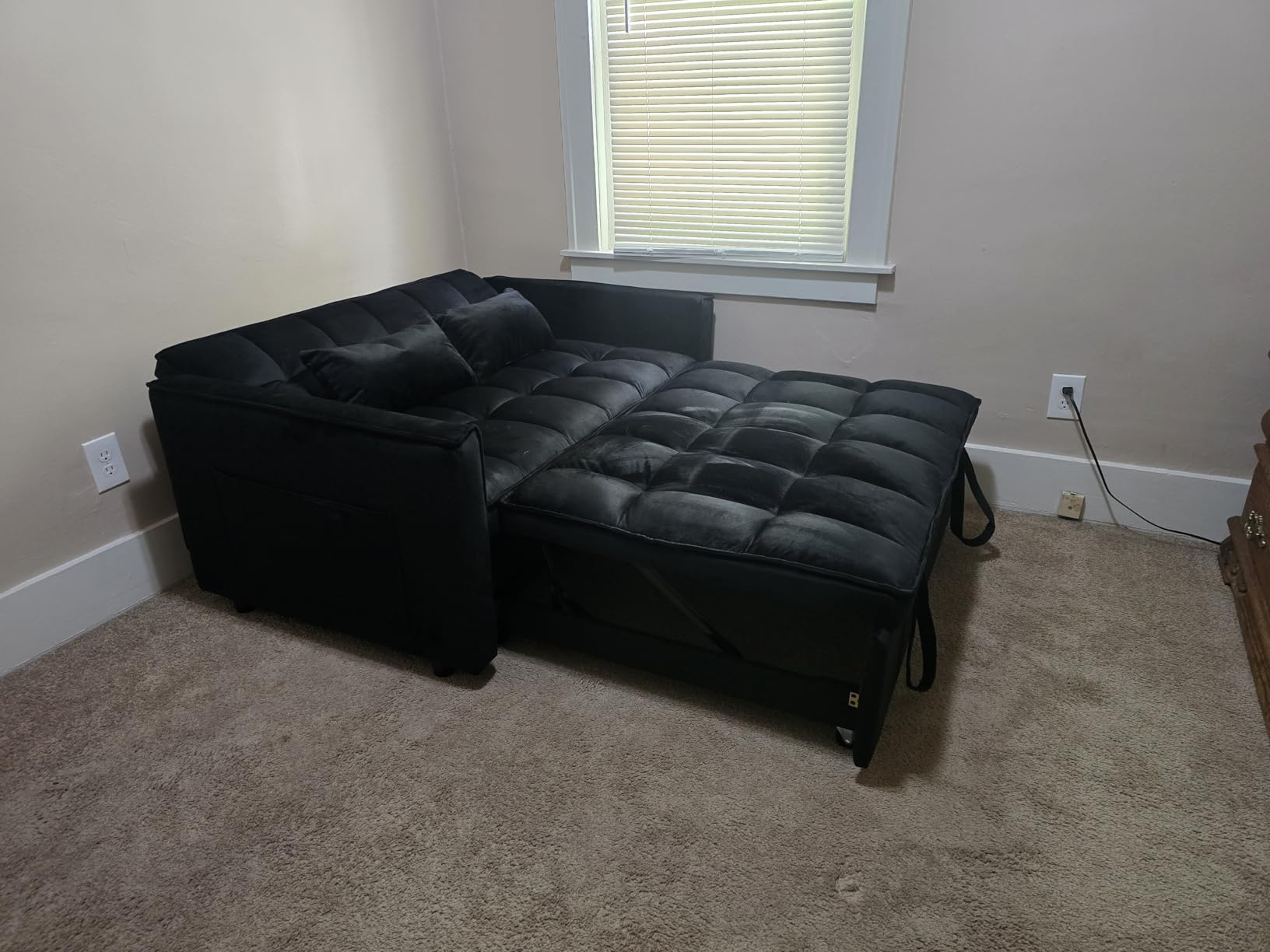 3 in 1 Convertible Sleeper Sofa Bed, 54'' Full Size Velvet Pull Out Futon Couch Recliner with Reclining Backrest & 2 Pillows, Small Loveseat Lounge Couches for Small Spaces (Black) customer photo 1