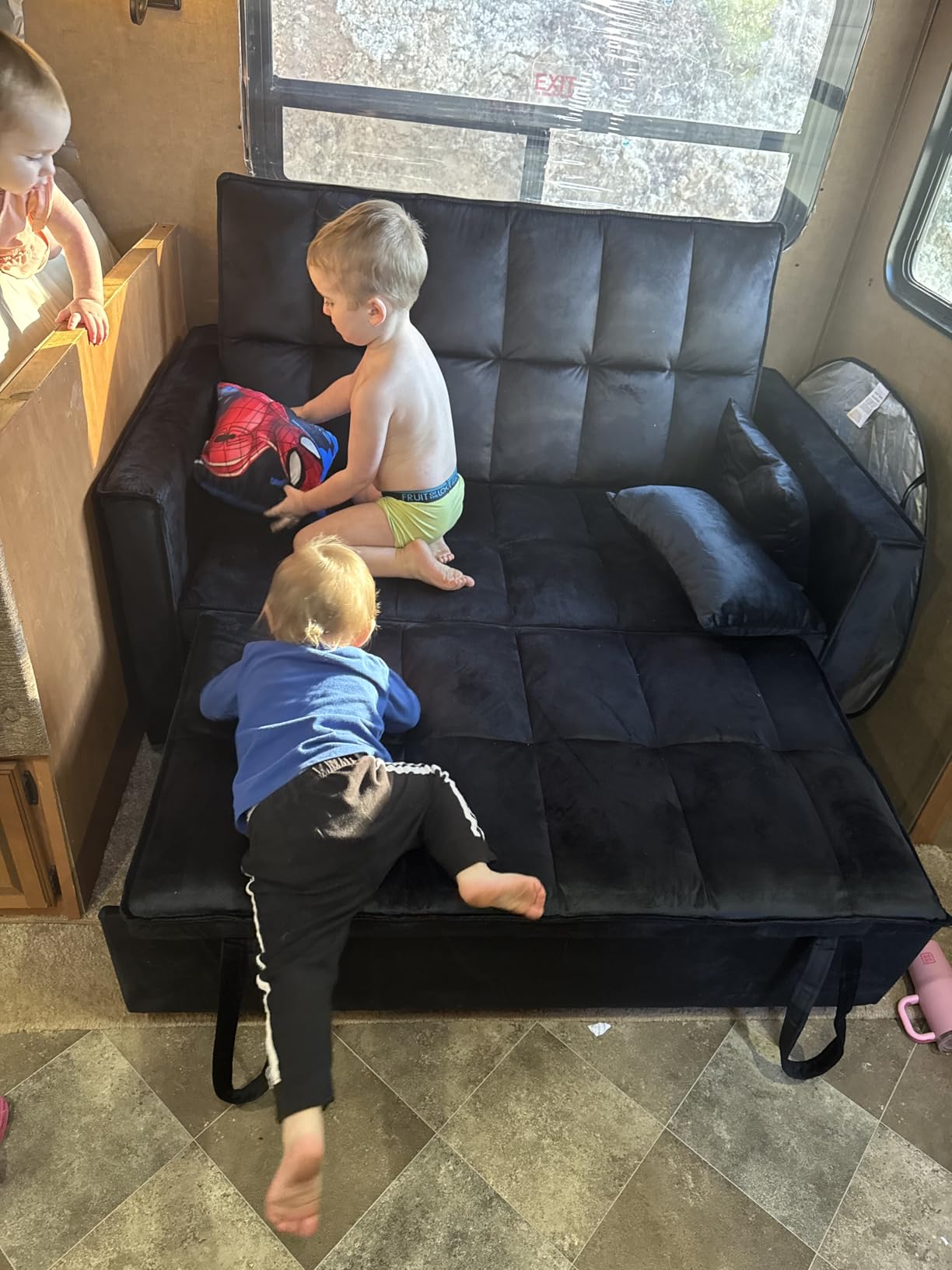 3 in 1 Convertible Sleeper Sofa Bed, 54'' Full Size Velvet Pull Out Futon Couch Recliner with Reclining Backrest & 2 Pillows, Small Loveseat Lounge Couches for Small Spaces (Black) customer photo 2