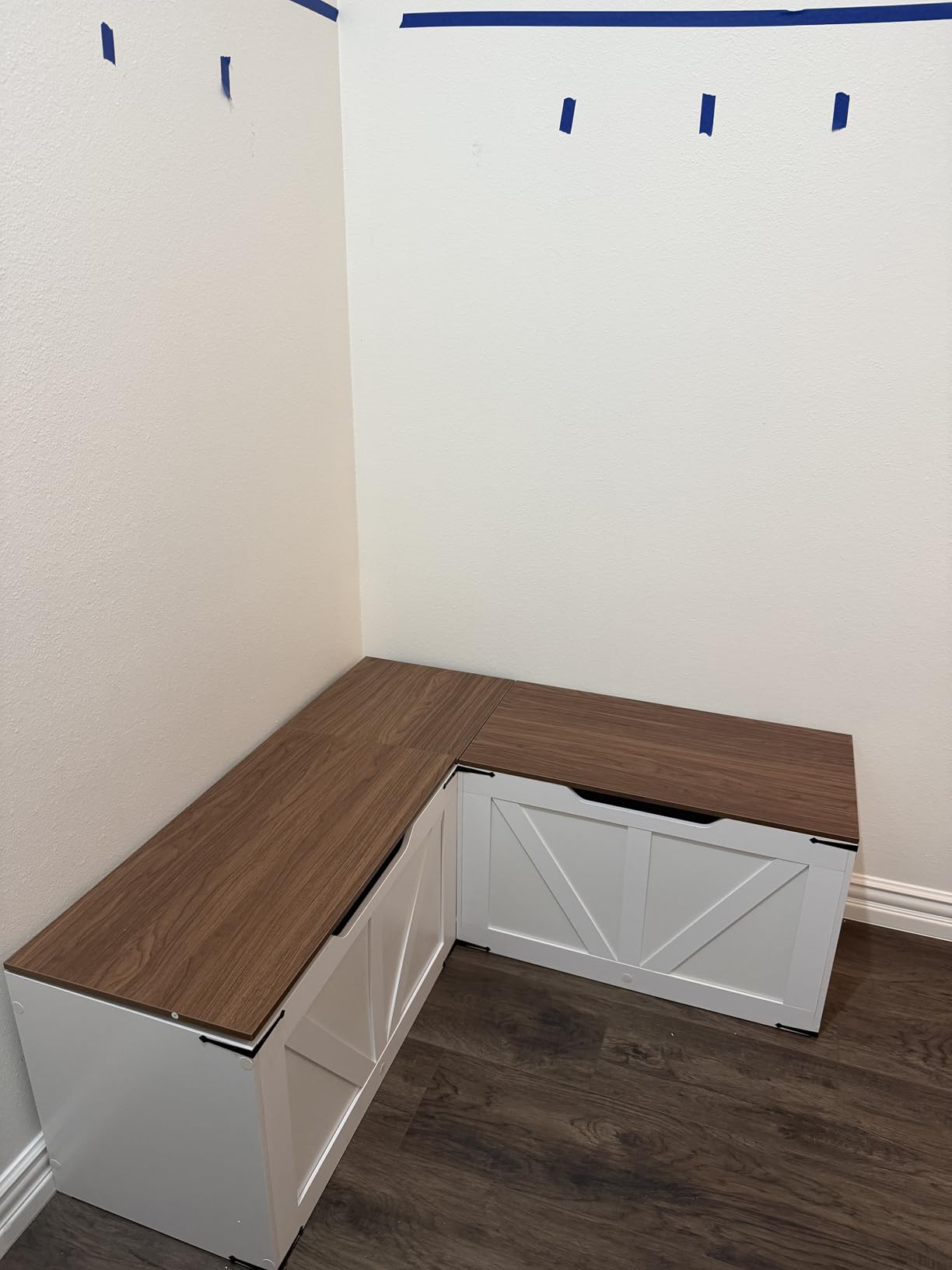 YATINEY L-Shaped Storage Bench, Storage Toy Chest with Hidden Compartments, Breakfast Nook Bench for Corner Spaces, Kitchen, Dining Room, Cloakroom, Walnut and White CW01WH customer photo 1