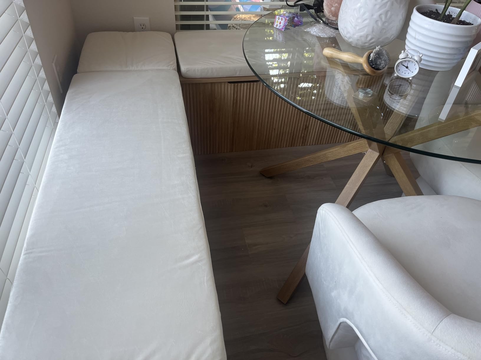 Mekminop Kitchen Breakfast Nook Bench, Backless Wood Corner Bench with Cushion Seat, L Shape Dining Bench with Hidden Storage Space, Natural Oak customer photo 1