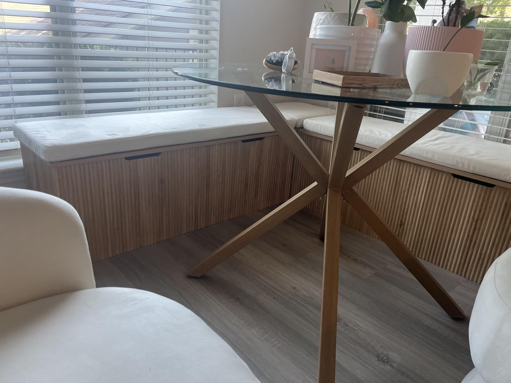 Mekminop Kitchen Breakfast Nook Bench, Backless Wood Corner Bench with Cushion Seat, L Shape Dining Bench with Hidden Storage Space, Natural Oak customer photo 2