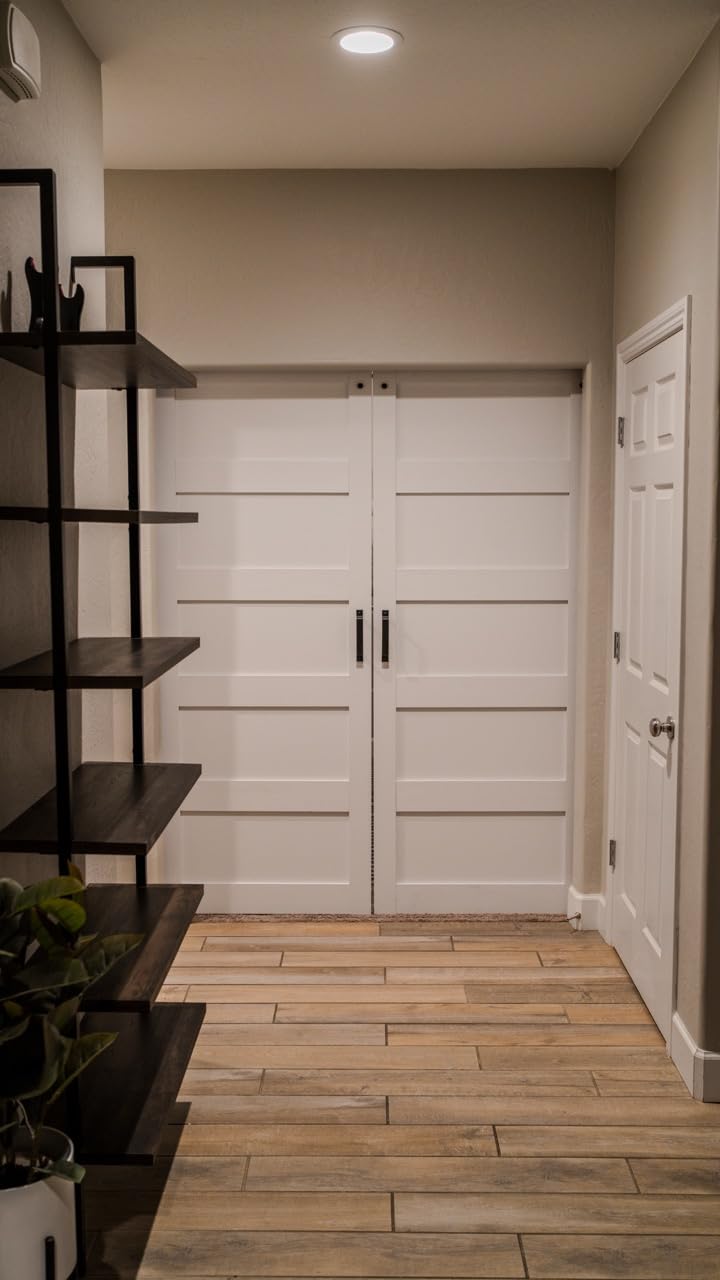SMARTSTANDARD 60in x 84in White Barn Door with 10FT Sliding Hardware Kit | Double 30x84 Door, Solid MDF Slab, 5-Panel, Suitable for Openings up to 58in x 82in customer photo 1