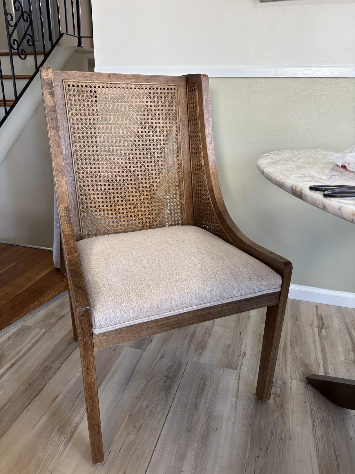 Christopher Knight Home Yone Dining Chairs Set of 2, Modern Dining Chair with Fabric Upholstery, Rubberwood Frame Kitchen Chairs with Cane Webbing, Extra Seat for Dining Room, Beige + Brown customer photo 2