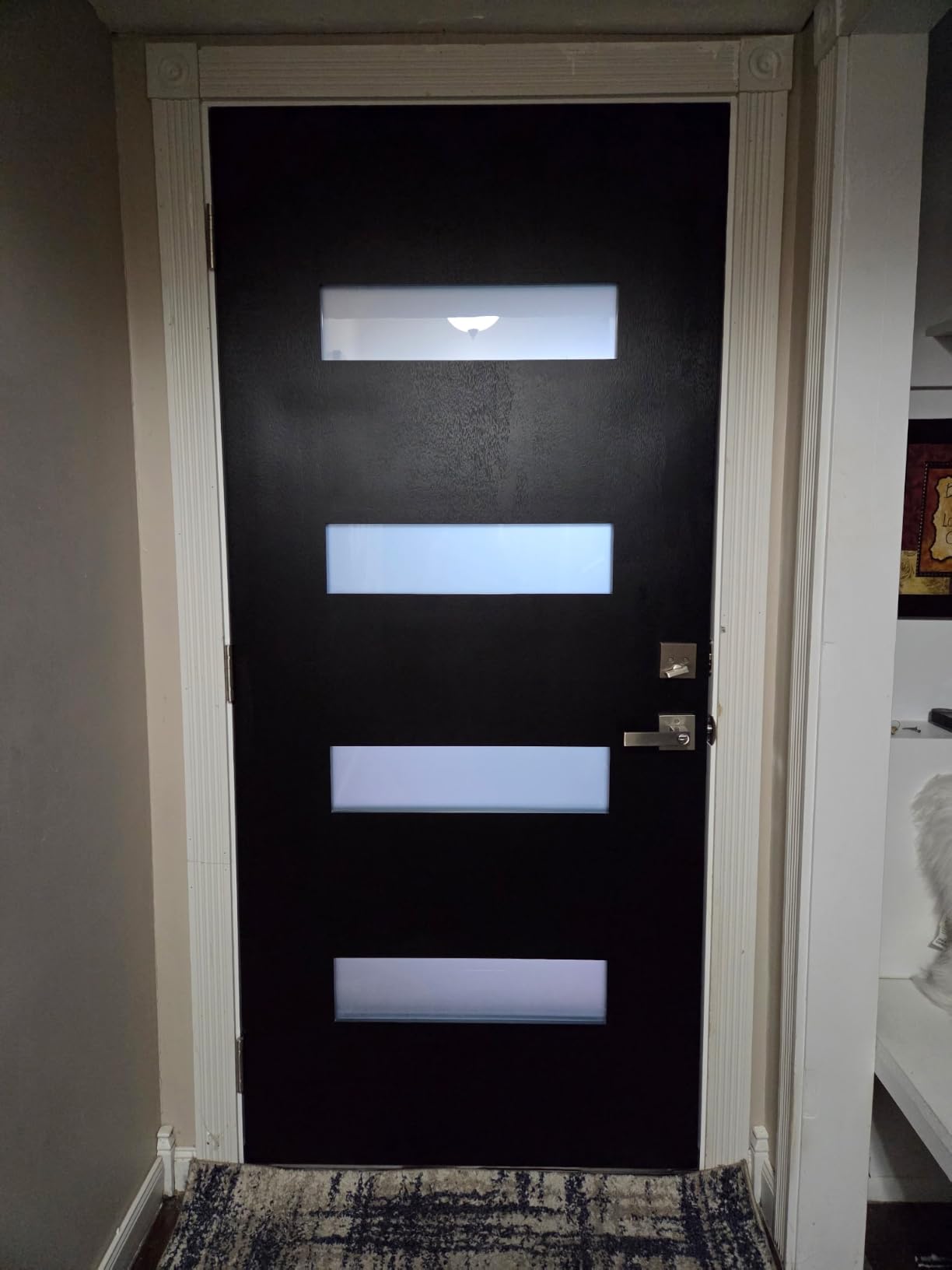 Fiberglass Entry Door Left Hand Inswing, 36 x 80, 4 Lite Frosted Glass 4-9/16 in. Vinyl Frame, Contemporary Style for Home's Front Entrance, Black Finished Knock-Down Entry Door customer photo 2