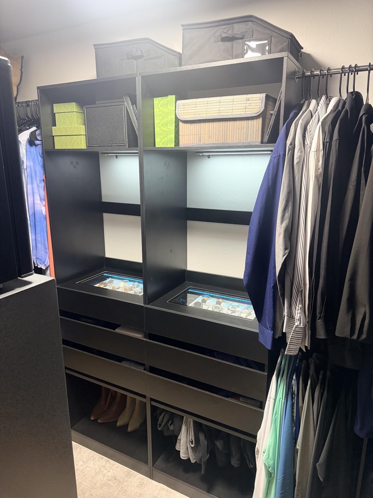 Closet System, 4-8FT Closet Organizer with 3 Wood Drawers and Glass Top, Walk in Closet with 5 Hang Rods, LED Lights and Trouser Rack, Built-in Wardrobe Clothes Rack with Shelves and Tower, White customer photo 1
