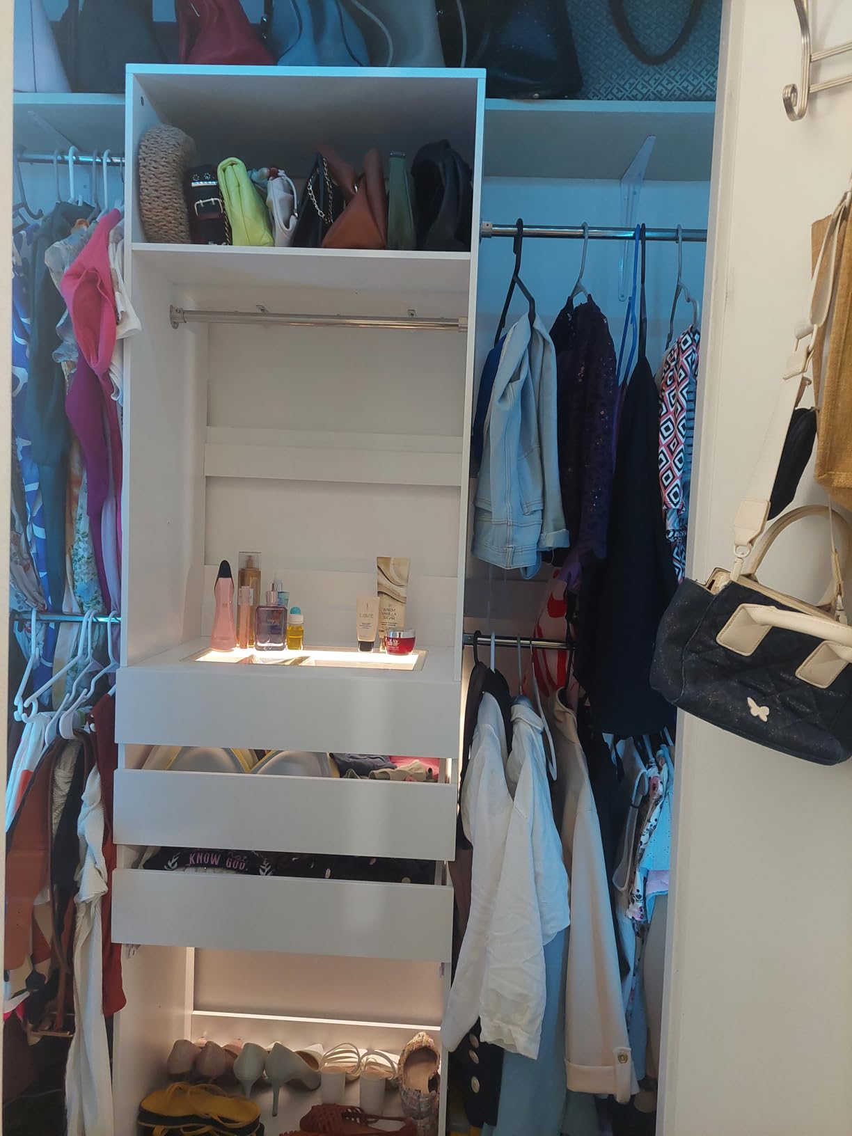 Closet System, 4-8FT Closet Organizer with 3 Wood Drawers and Glass Top, Walk in Closet with 5 Hang Rods, LED Lights and Trouser Rack, Built-in Wardrobe Clothes Rack with Shelves and Tower, White customer photo 2
