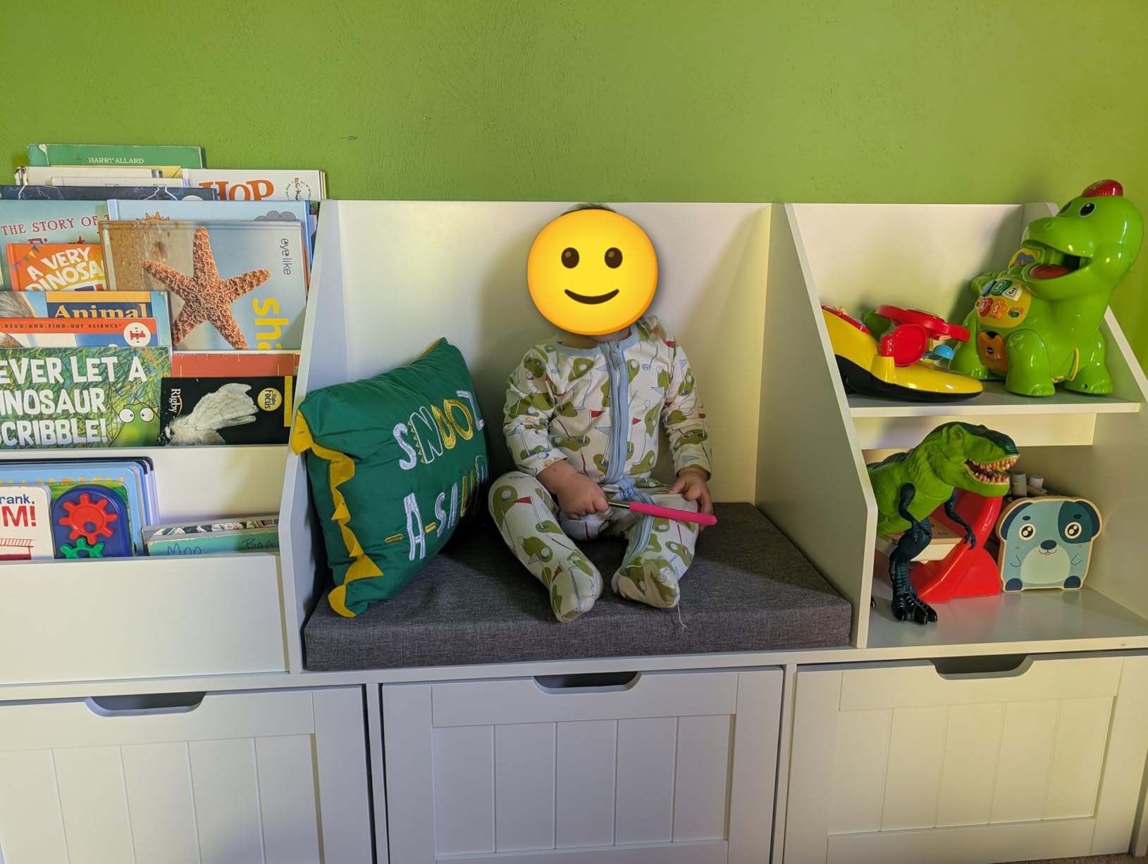 FOTOSOK Kids Bookshelf with Reading Nook, Toy Storage with Seat Cushion | 55.1'' Toy Storage Organizer with 3 Movable Drawers, Kids Reading Nook with Bench for Playroom, Bedroom, Green customer photo 1