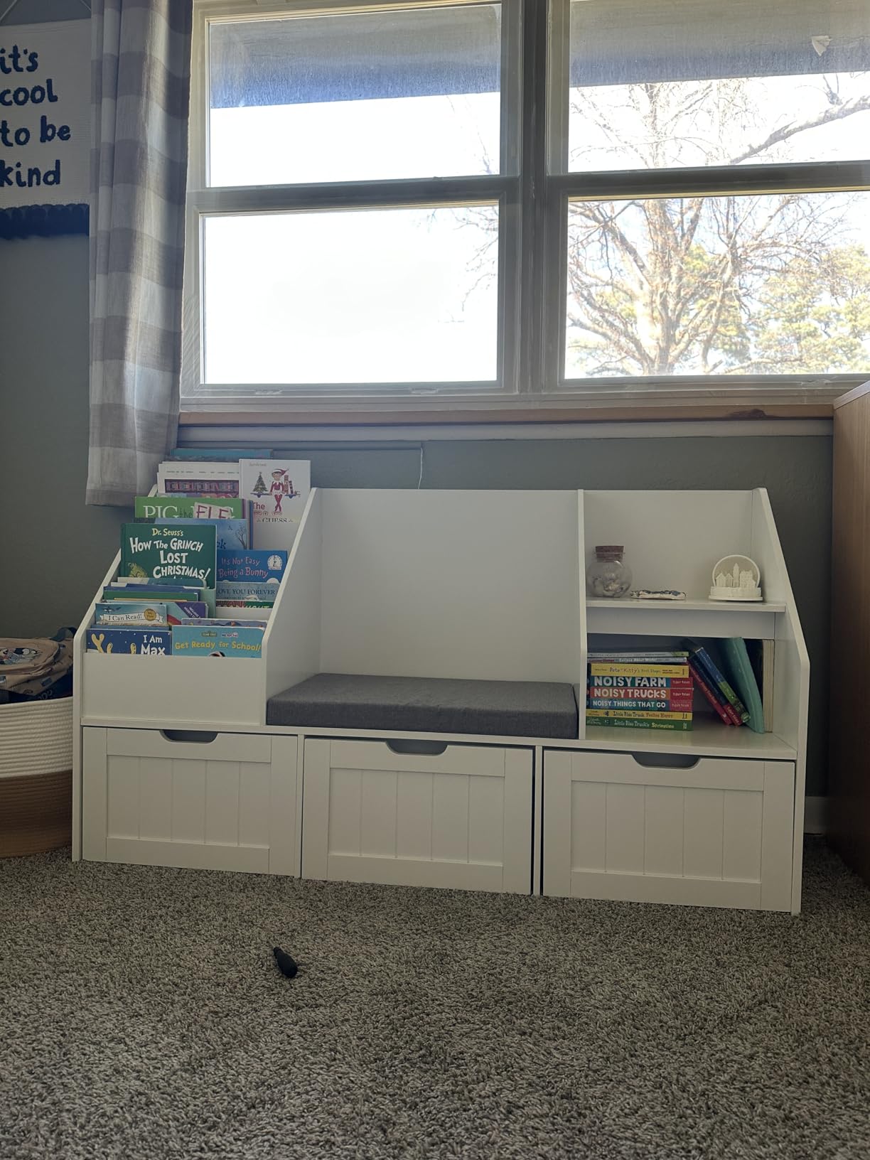 FOTOSOK Kids Bookshelf with Reading Nook, Toy Storage with Seat Cushion | 55.1'' Toy Storage Organizer with 3 Movable Drawers, Kids Reading Nook with Bench for Playroom, Bedroom, Green customer photo 2