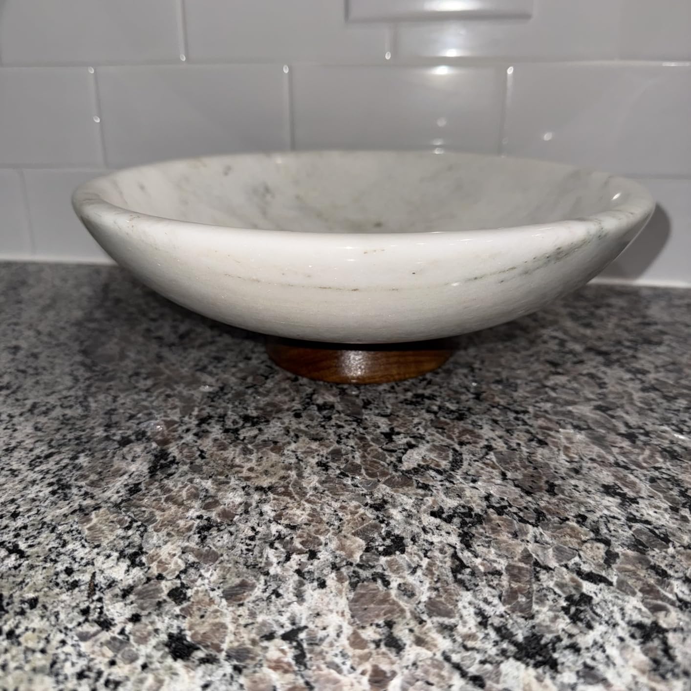 SAMAH White Marble Fruit Bowl with Acacia Wood Pedestal, Large Decorative Marble Bowl, Natural Stone Fruit Bowl for Kitchen Counter, Entryway, Keys, Dining Table, House Warming Gifts New Home customer photo 1